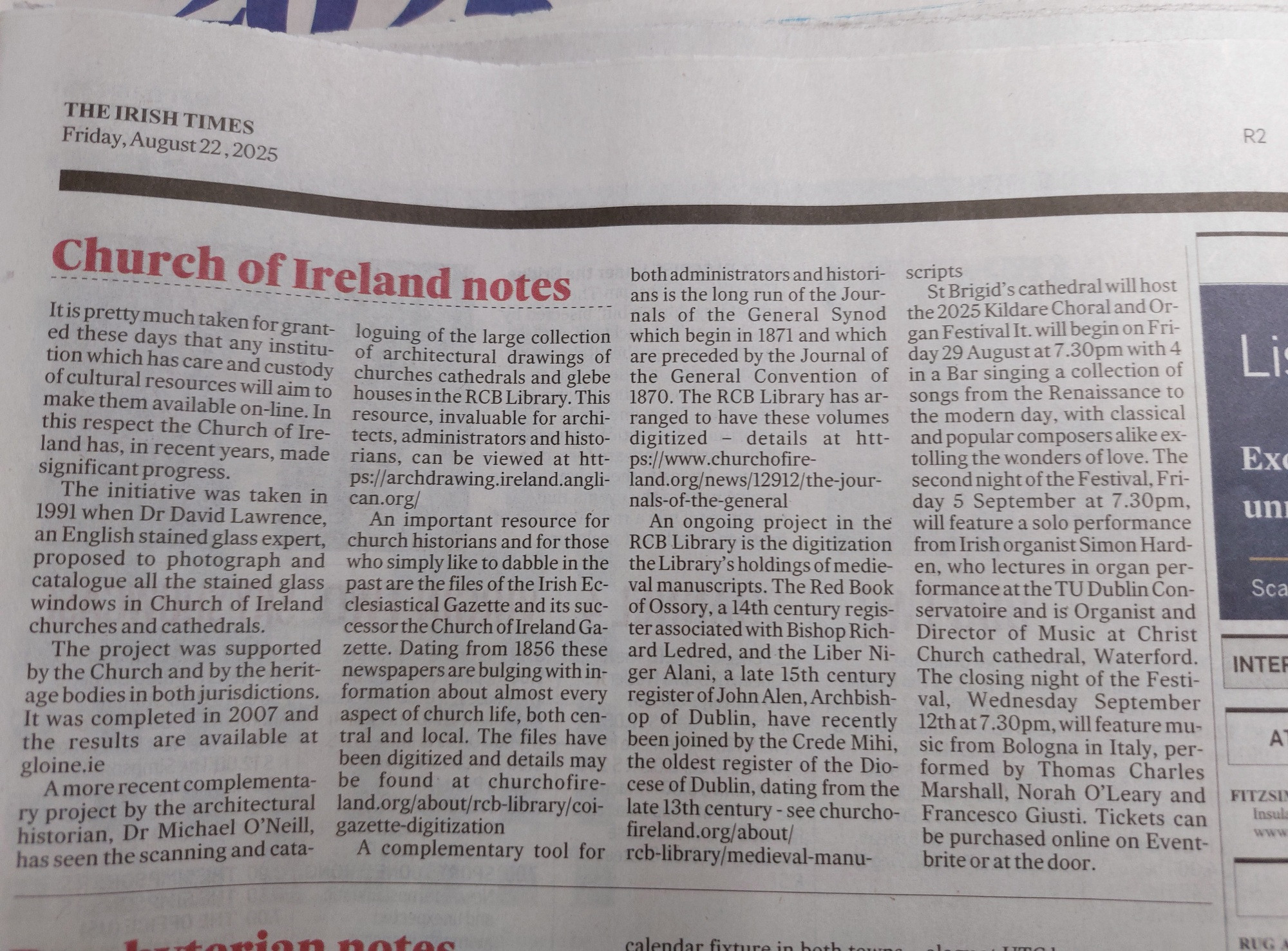 Church of Ireland notes, Irish Times, 22 August 2025.