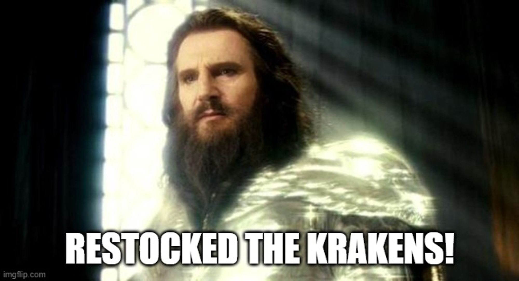 Liam Neeson release the kraken meme with text "restocked the krakens"