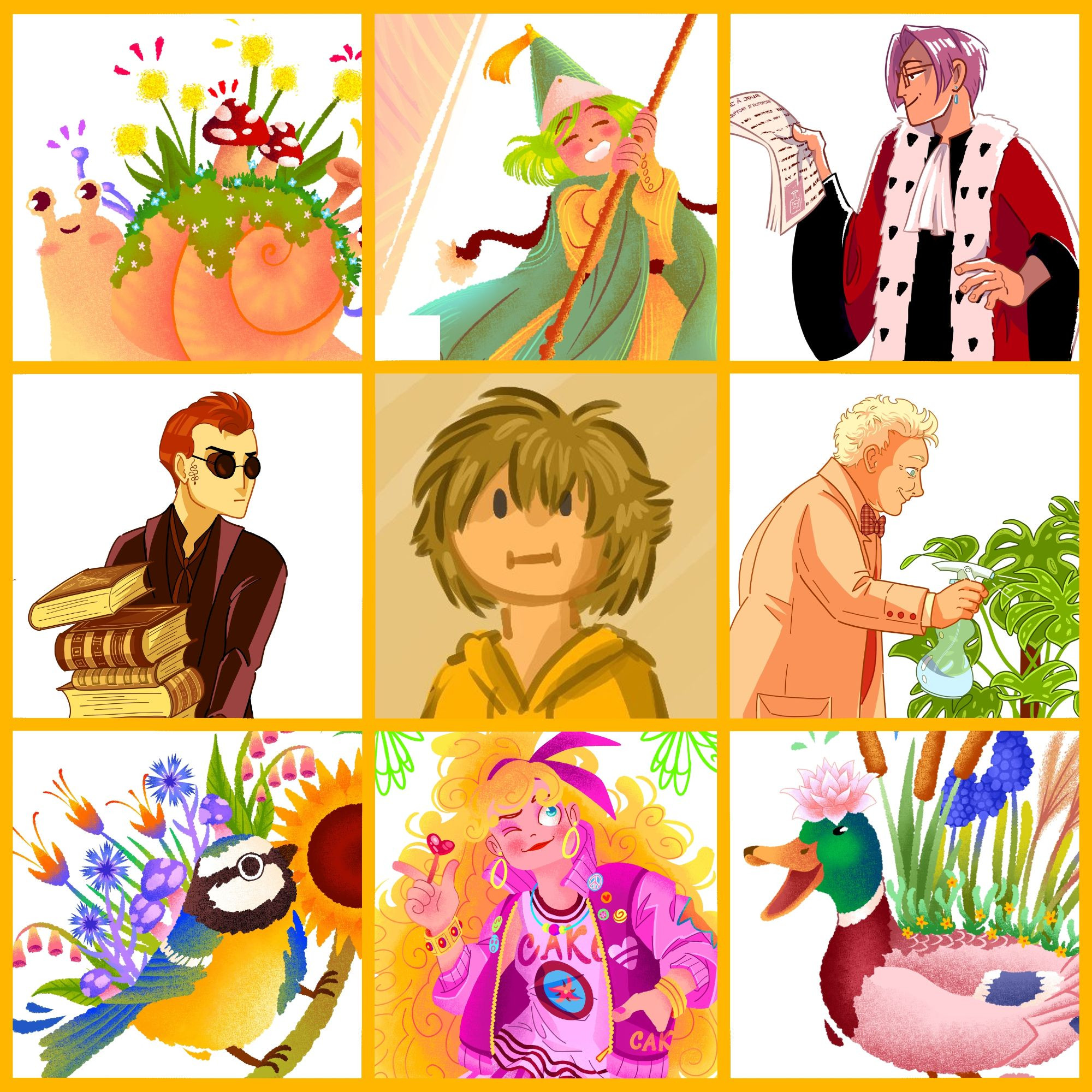 art vs artist: mon avatar au milieu et autour 8 dessins que j'ai fait cette année (dans l'ordre: escargot avec plantes, Coco de l'atelier des sorciers, Benjamin Hunter, Crowley, Aziraphale, mésange avec des plantes, Vanille en rose, canard avec des plantes