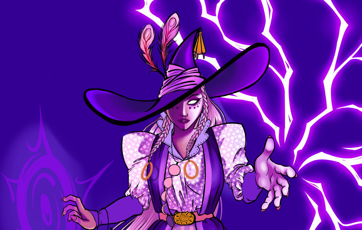 dessin digital tout en violet d'une magicienne avec un chapeau pointu à larges bords violet, des tresses et des longs cheveux roses clair, une chemise à épaulettes avec des étoiles lila et un manteau violet. Elle fait des éclairs avec une main.