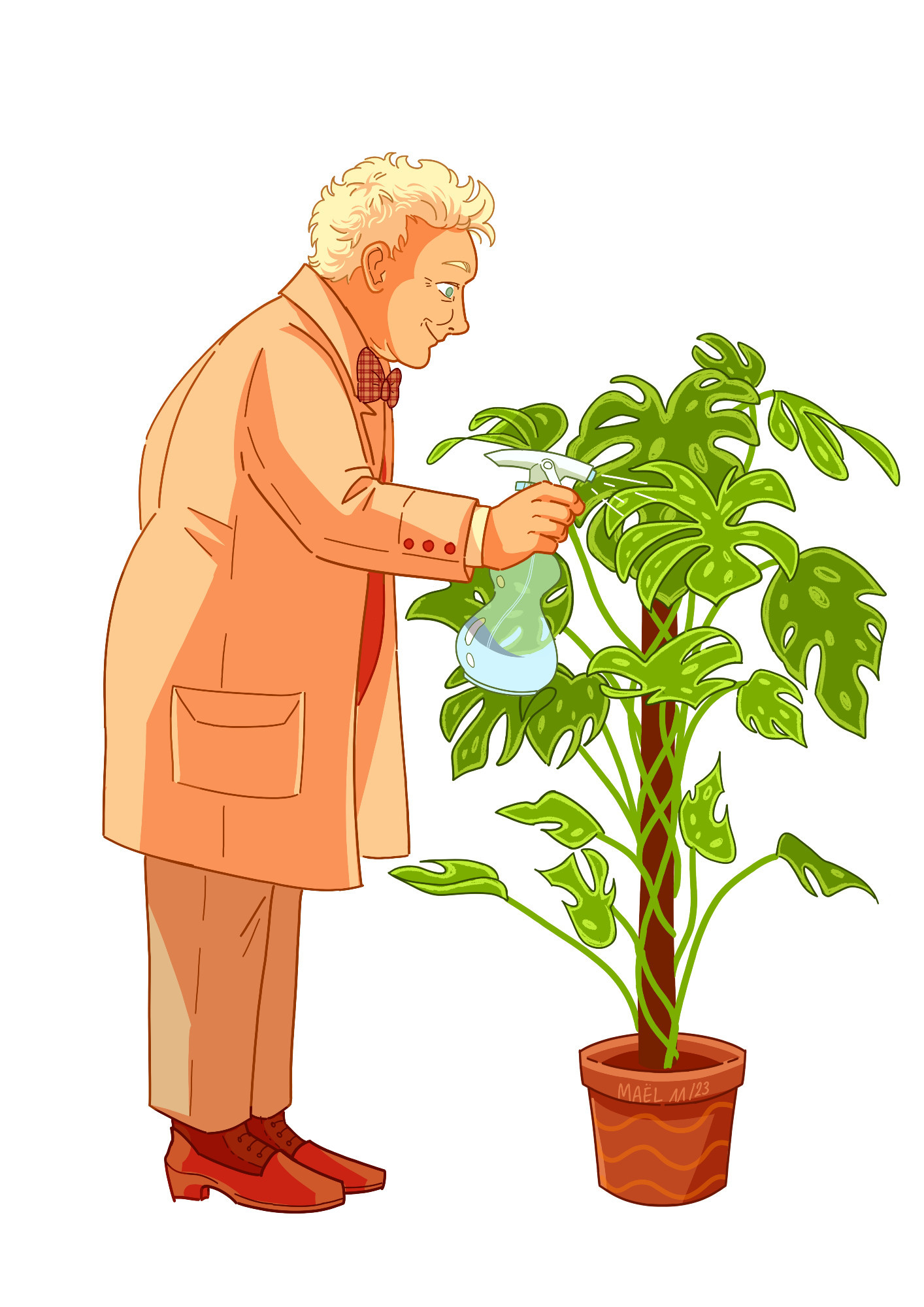 Dessin digital de Aziraphale (good omen) qui asperge une grande plante verte avec un pschiit il a l'air très doux et très concerned par le bien-être de cette plante couleurs pastel beige / orange très joli et soft