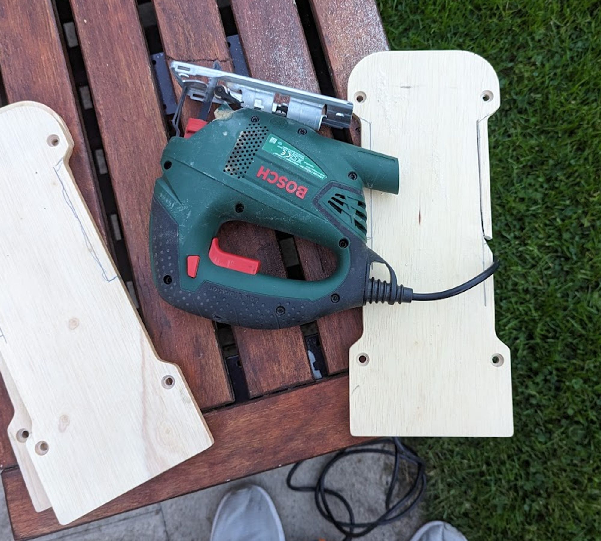 Bosch Jigsaw with some freshly cut pieces of ply