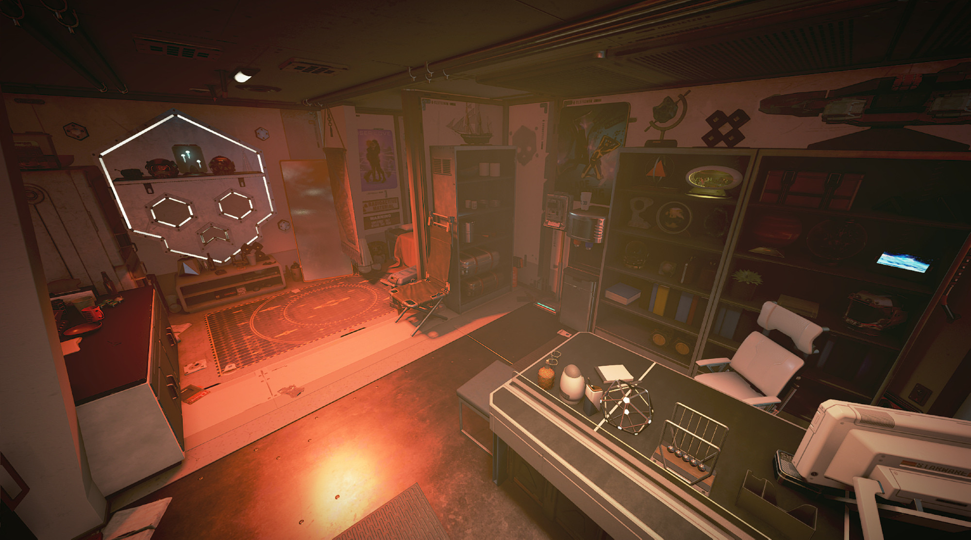 A screenshot from the video game Starfield. A Crimson Fleet pirate's quarters, filled with knick-knacks and treasures collected from many pirate adventures. The room is a mess, with trash left over from several runs of fast food and alcohol laying strewn about the cabin. A neon skull occupies the majority of the back wall, adorned with shelves stacked with loot and bounty trophies. A simple cot in the back corner rests in a small enclosure surrounded by stolen signs and posters, a weapon rack loaded with fleet-built  Kracken and Maelstrom firearms hangs just out of view. Near the entrance to the room is a desk with an office chair, a computer terminal, and a large Jacob's Cradle, sitting in front of several shelves loaded with trophies, sculptures, plants, binders full of data, a collection of space helmets, and a fish bowl. Model ships both historic and futuristic line the tops of the shelves.