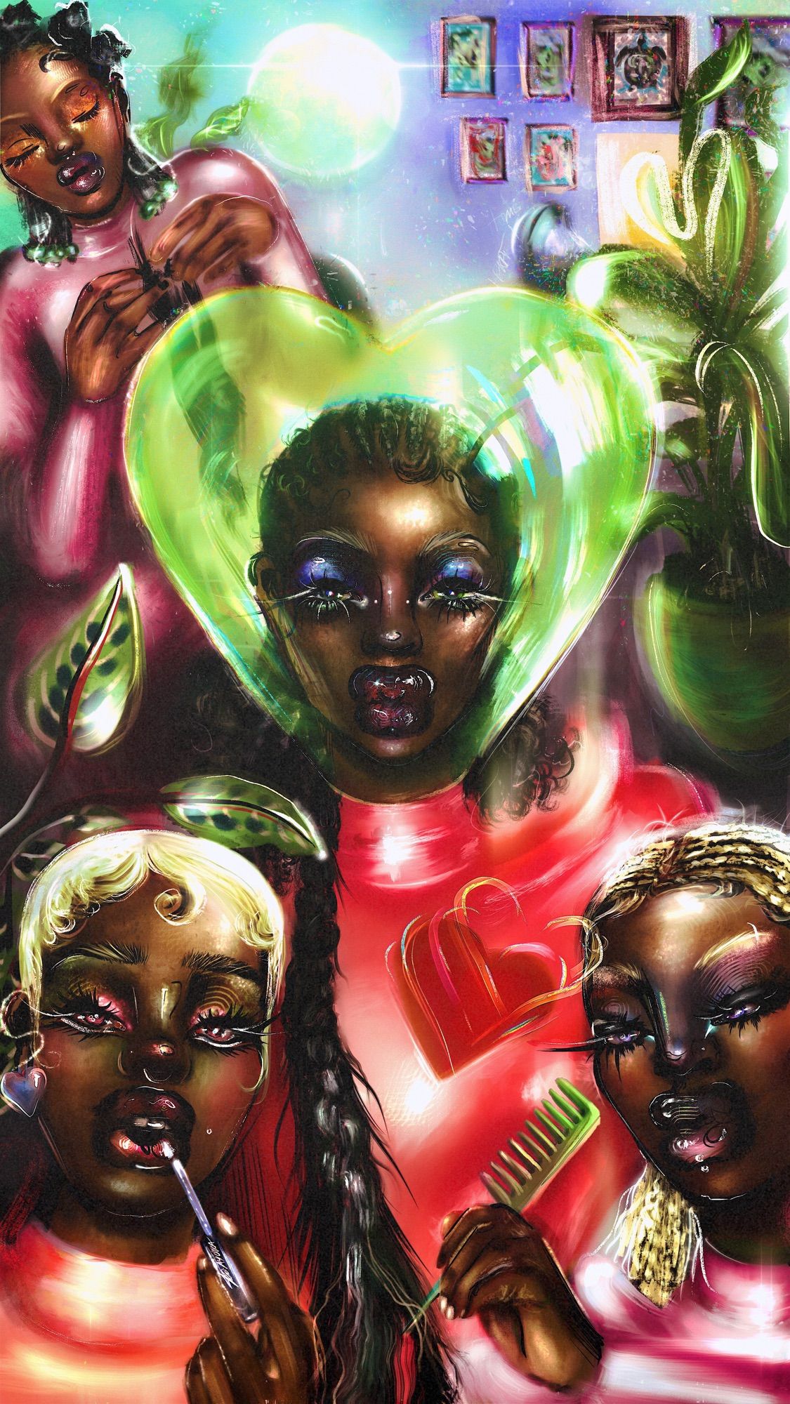 digitally illustrated artwork in 9:16 aspect ratio, depicting 4 black-femmes dressed in pinkish space like attire in a bright setting decorated with plants and framed art. the figure in the middle wears a heart shaped glass bubble/ helmet while the others surrounding them undo their hair.