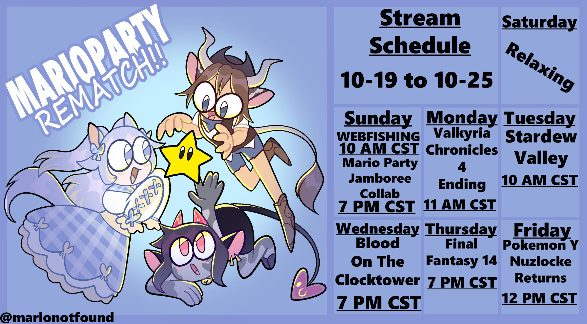 Stream Schedule. The art is Marlo_NotFound, DarbyVT, and my fem model all surrounding a Mario Party Star, looking at it with want and amazement.