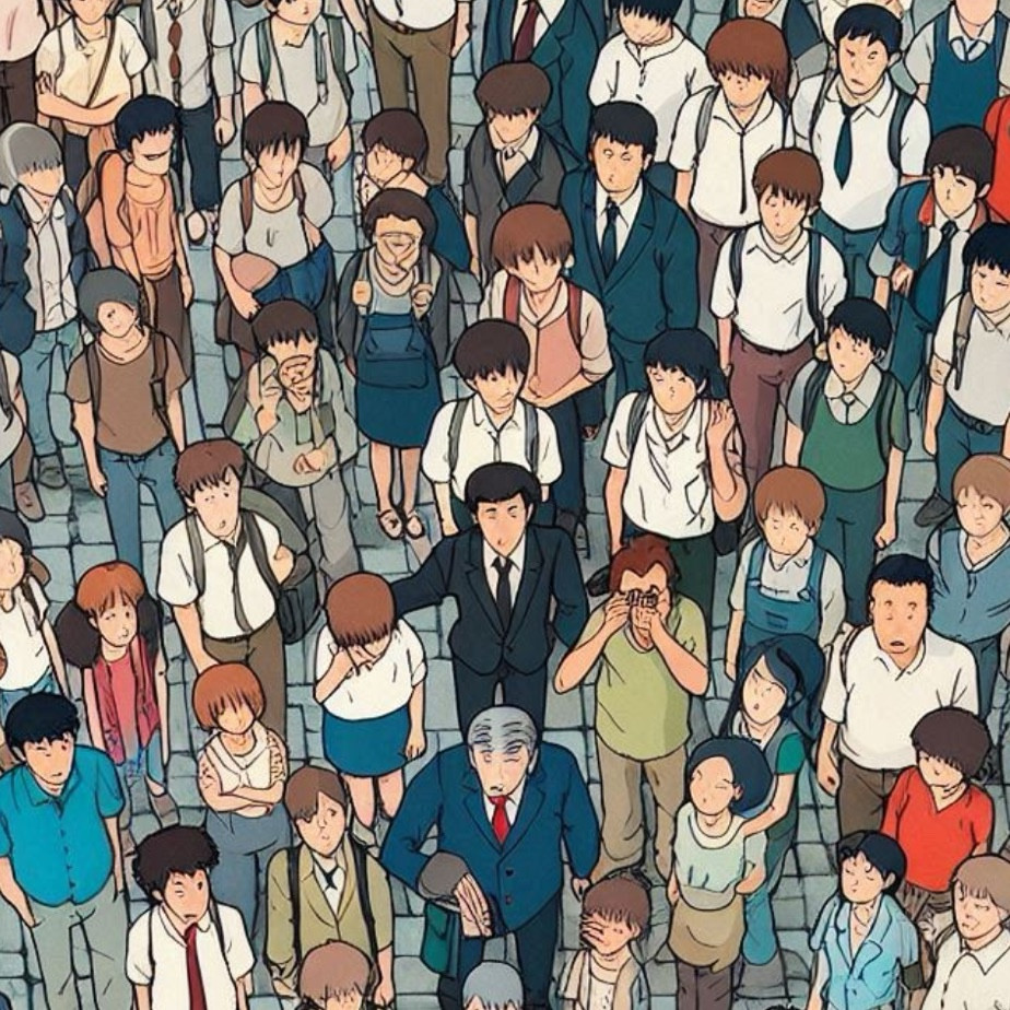 a.i. rendered crowd in ghibli style except all of their faces are a blur and some people are wearing very weird clothes