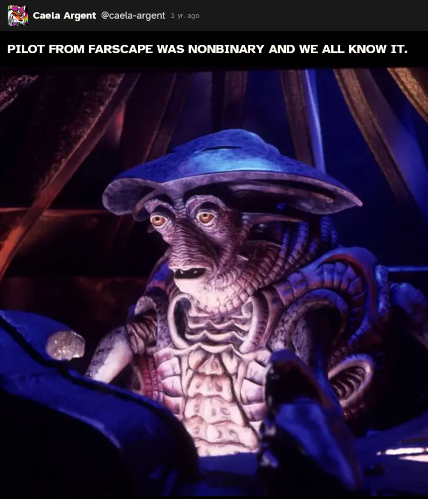 Pilot from Farscape was nonbinary and we all know it.

Image of Pilot, from Farscape, basically a muppet shaped like an anthro horseshoe crab