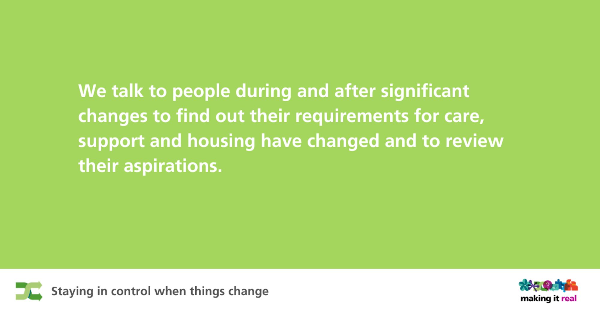 A green background with text on it that says "We talk to people during and after significant changes to find out their requirements for care, support and housing have changed and to review their aspirations."