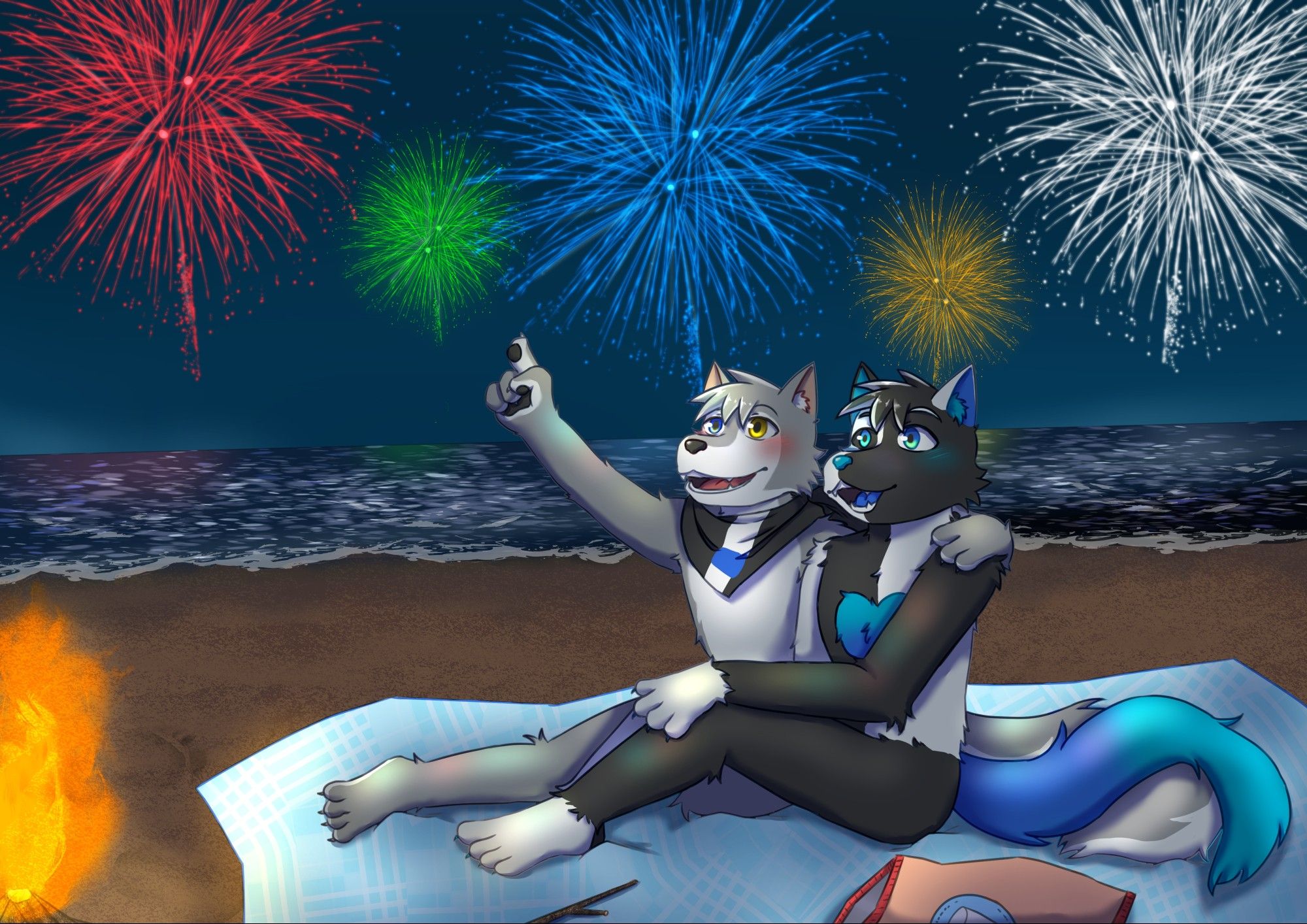 a monochrome wolf and a gray wolf sitting on a blue blanket by the beach watching the fireworks with their tails intertwined