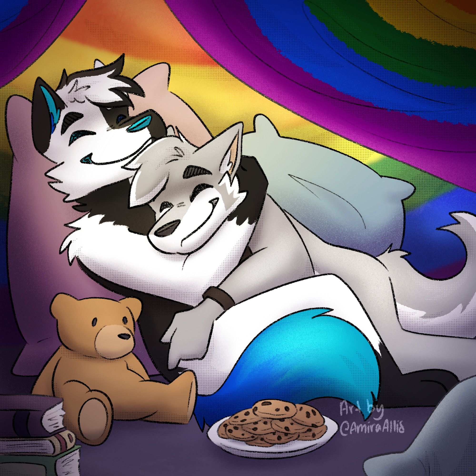 two wolves cuddling inside a rainbow blanket fort with some books, a teddy bear, and a plate full of cookies beside them.