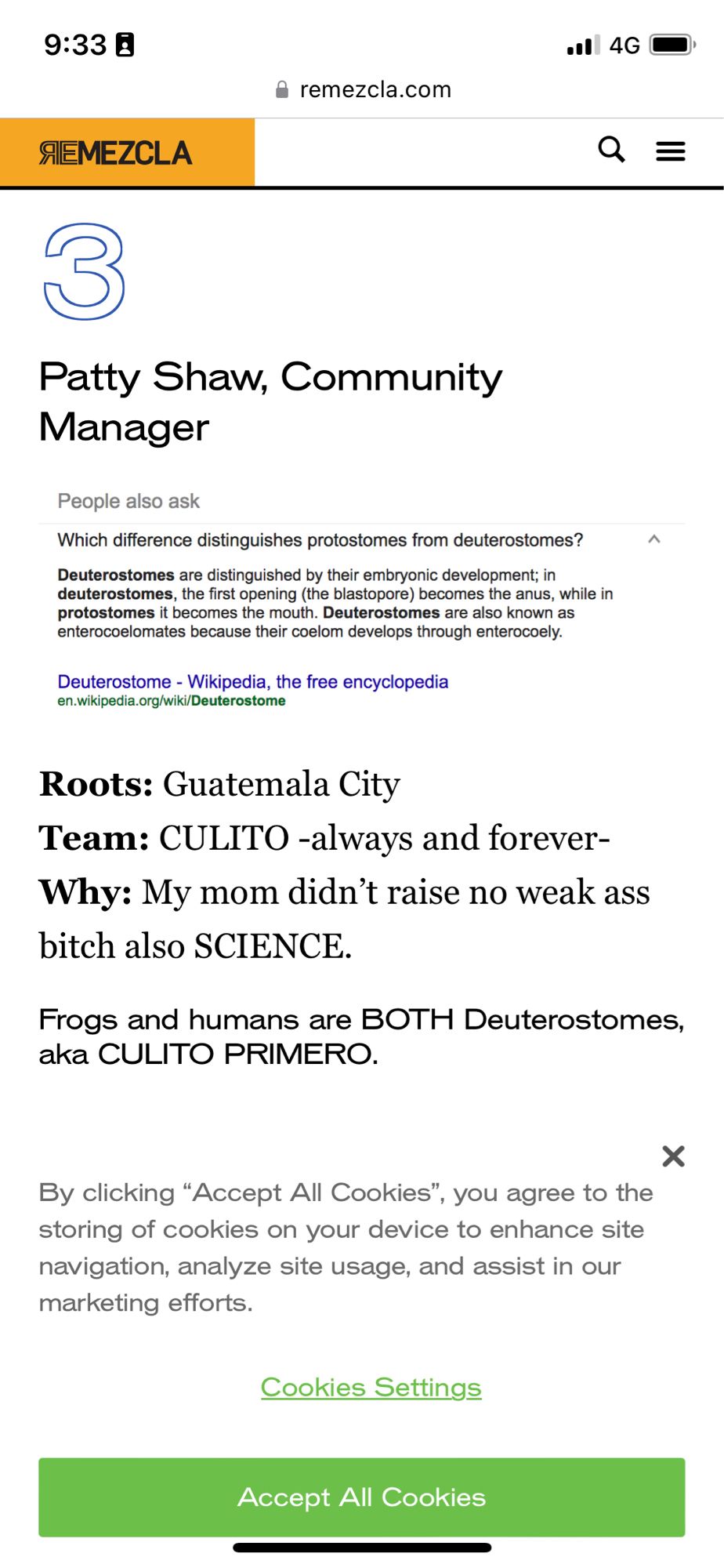 Captura de pantalla, en inglés. Los deuteróstomos significando que en las etapas iniciales del desarrollo embrionario se forma primero el ano y la boca en segundo lugar. 

Comentario de una persona de Guatemala city. Team culito (always and forever)
Why: because my mom didn’t raise no weak ass bitch also science. Frogs and humans are both deuterostomes aka culito primero