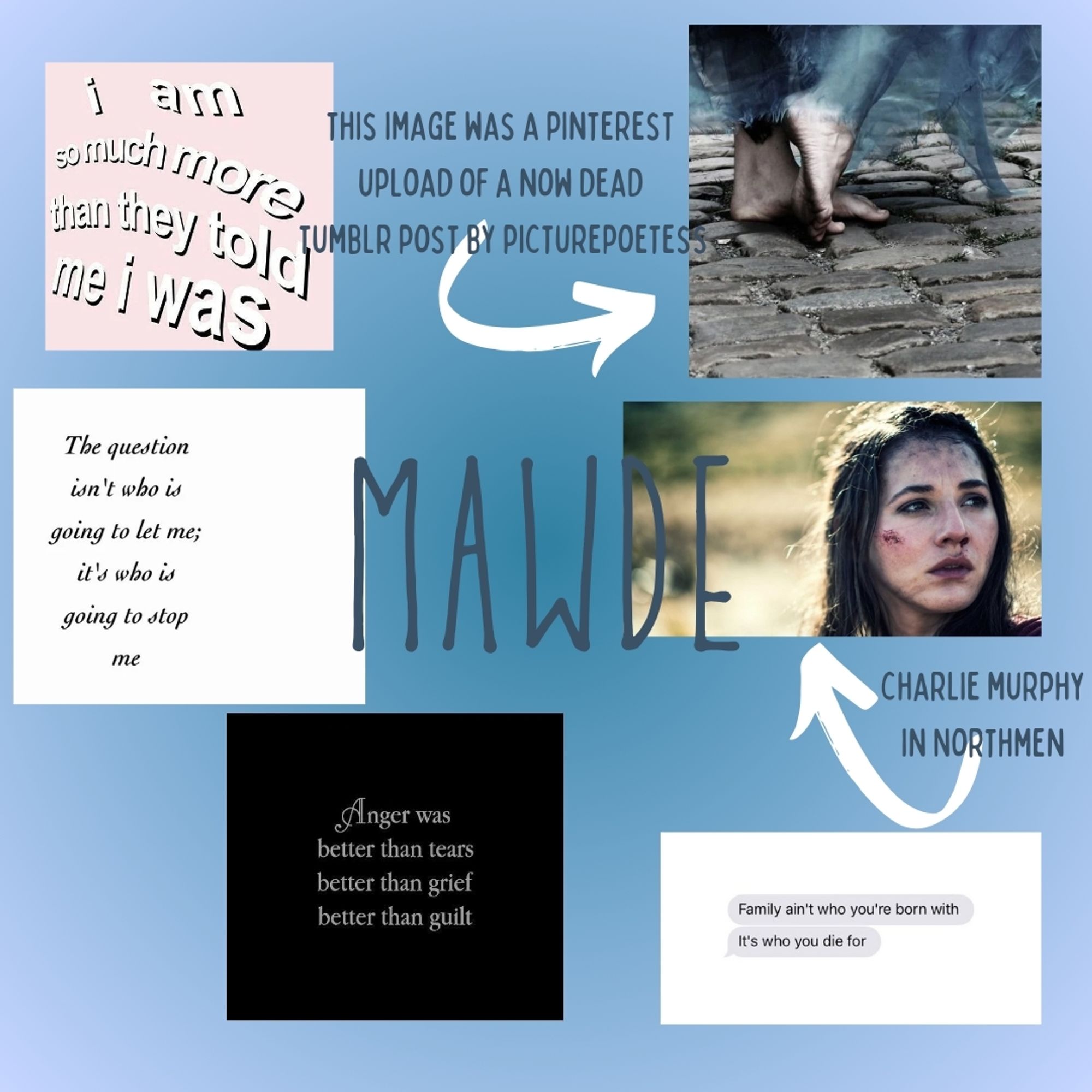 infographic describing the influences for mawde, the main character. lits of melodramatic pinterest memes and a pic if Charlie murphy in northmen!