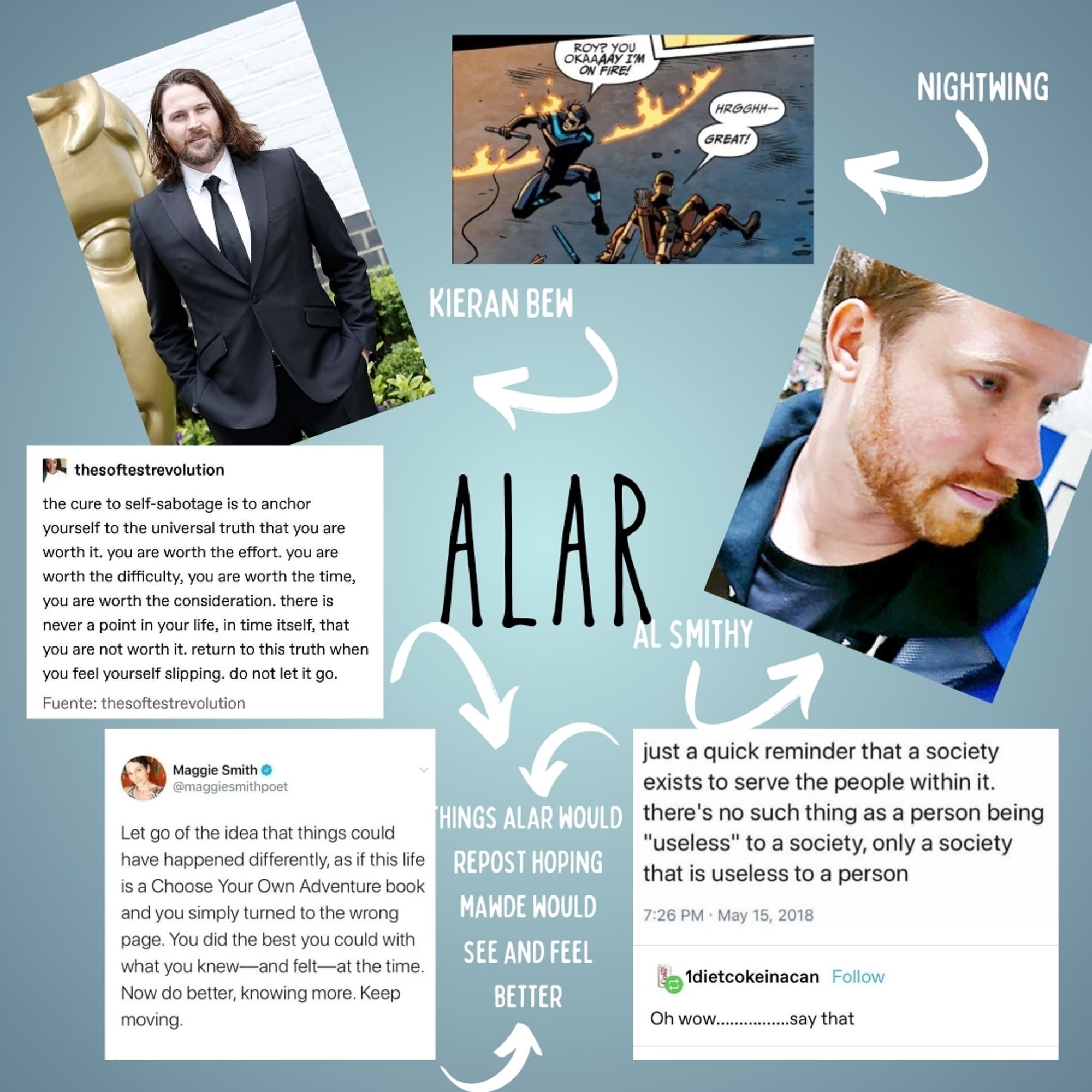 infographic for alar, the love interest, including pics of al smithy from hat filns and actor kieran bew and a pic of nightwing saying "are you ok?" while literally on fire because dick grayson is soo good for this world!