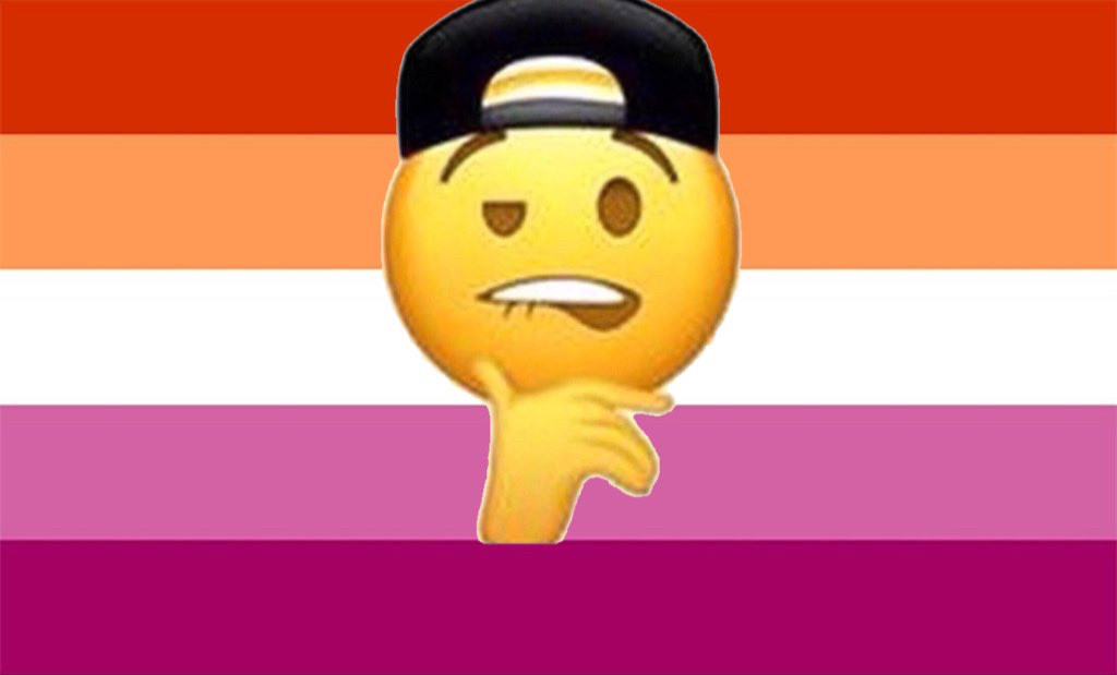 a symbol of a hey mamas lesbian, aka a fuckboy lesbian: a fuckboy emoji (wearing a snapback and biting its lip) in front of a lesbian flag