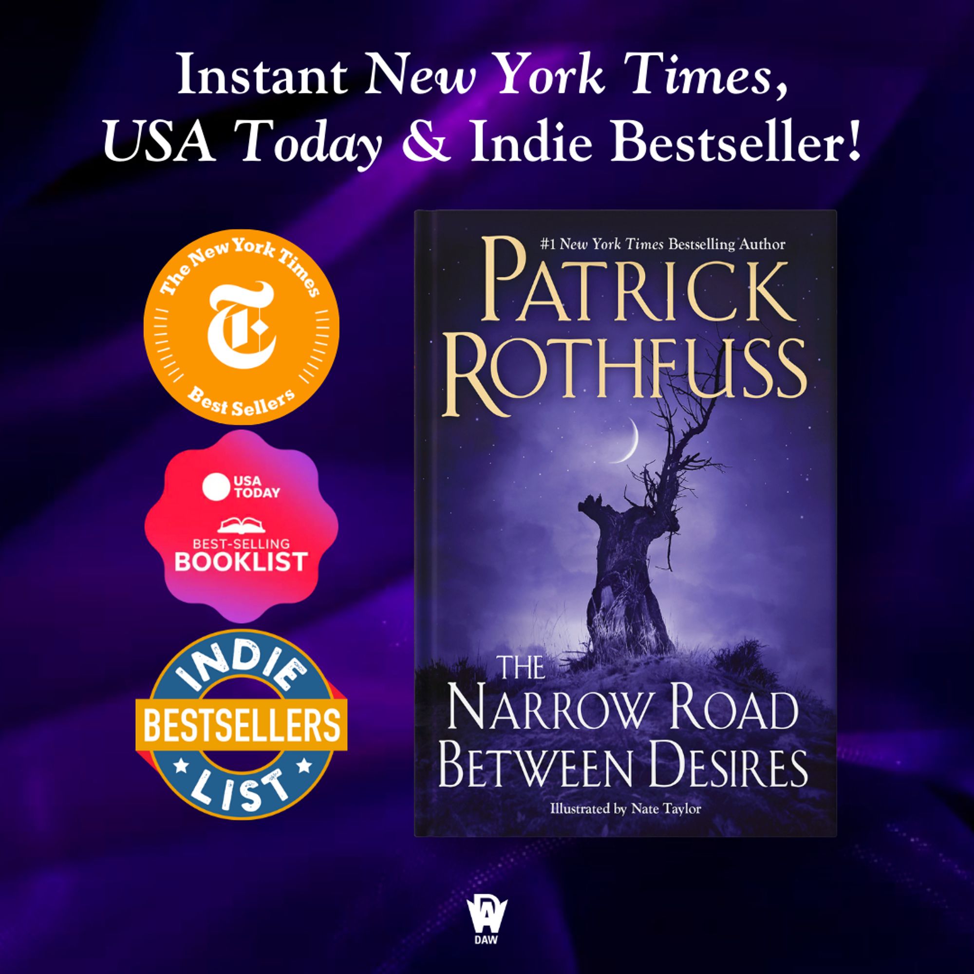 THE NARROW ROAD BETWEEN DESIRES alongside the seals of the New York Times, USA Today, and Indie Bestsellers lists.