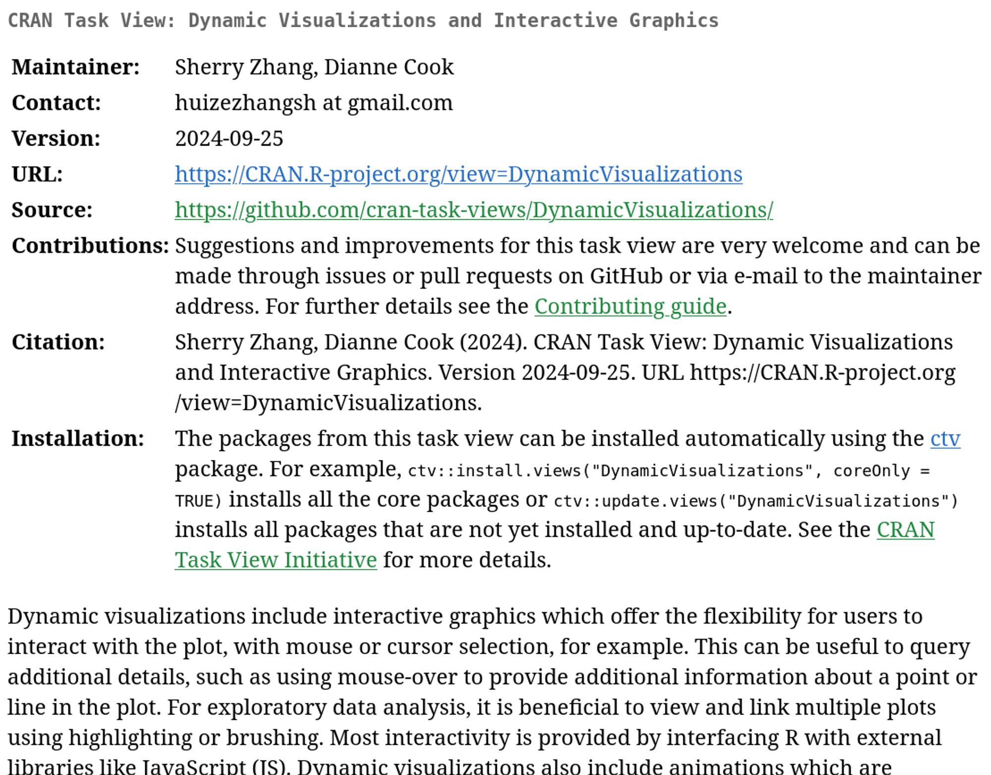 Screenshot of the CRAN Task View "DynamicVisualizations" at https://CRAN.R-project.org/view=DynamicVisualizations