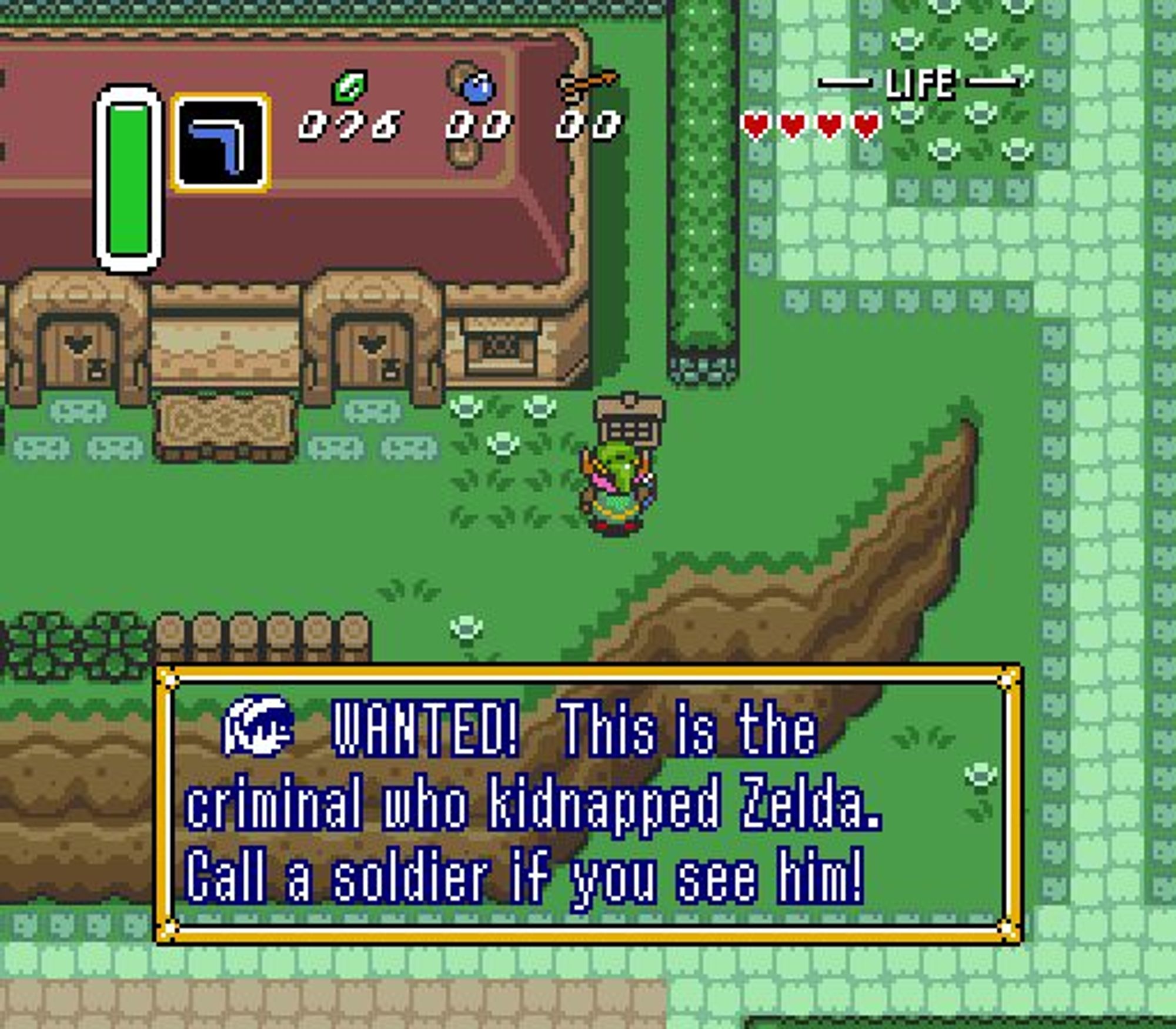 Screenshot from a link to the past showing a wanted poster for Link for kidnapping the princess.