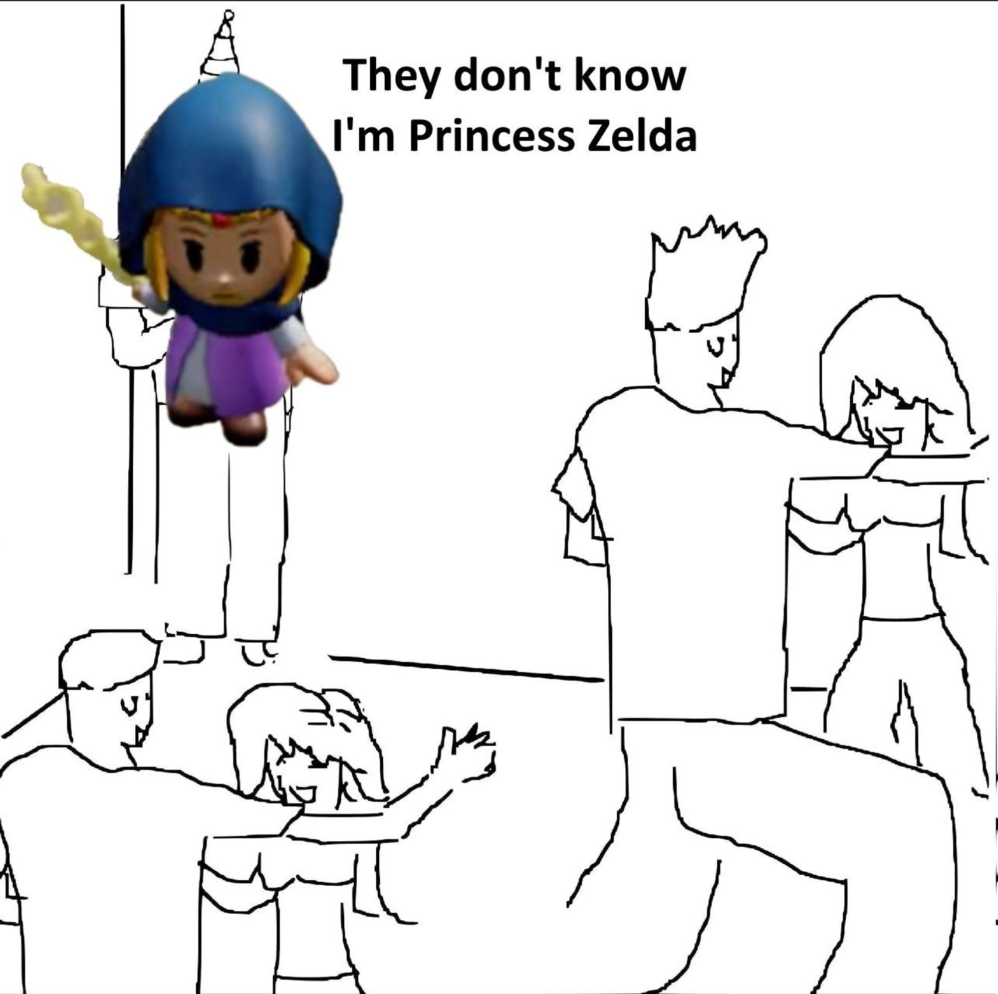 “They don’t know I’m” party meme with Zelda from Echoes of Wisdom photoshopped in the corner of the room. The text says “They don’t know I’m Princess Zelda”