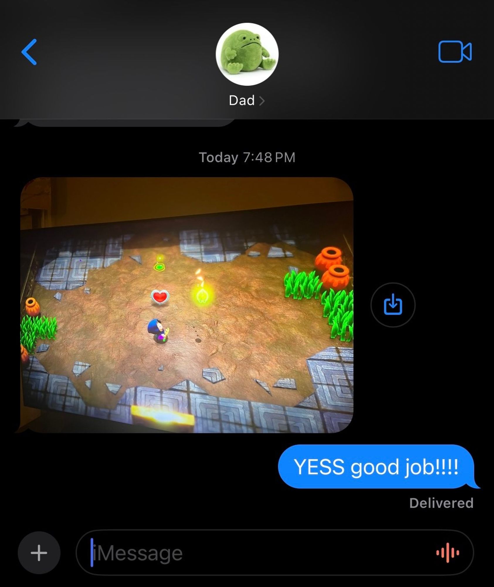 Screenshot of my iMessage conversation with Dad. He sent a picture of the boss defeated in Zelda echoes of wisdom with the heart container reward. 