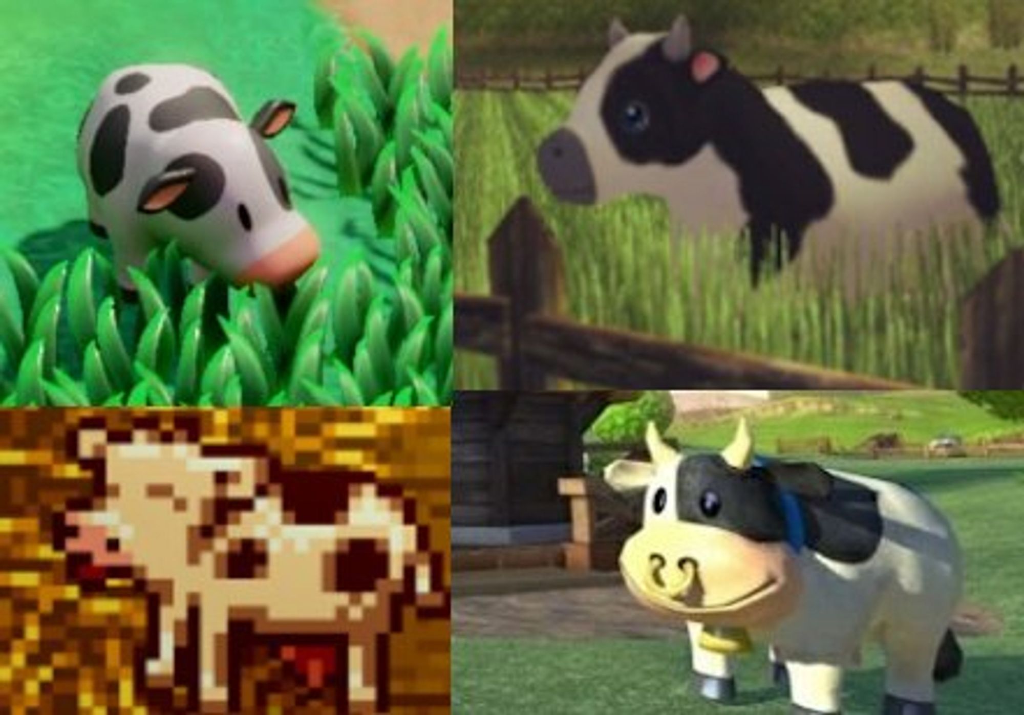 4 screenshots of cows from video games (Zelda Echoes of Wisdom, Harvest Moon A Wonderful Life, Stardew Valley, and Mario Kart Wii)