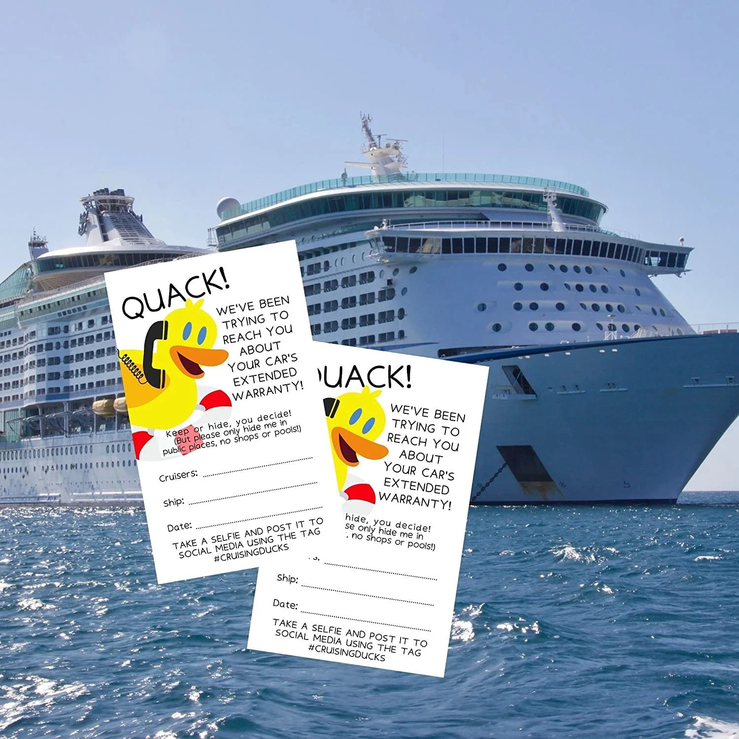 cards with a duck on a phone that says "Quack! We've been trying to reach you about your car's extended warranty." against a stock image of an ocean liner.