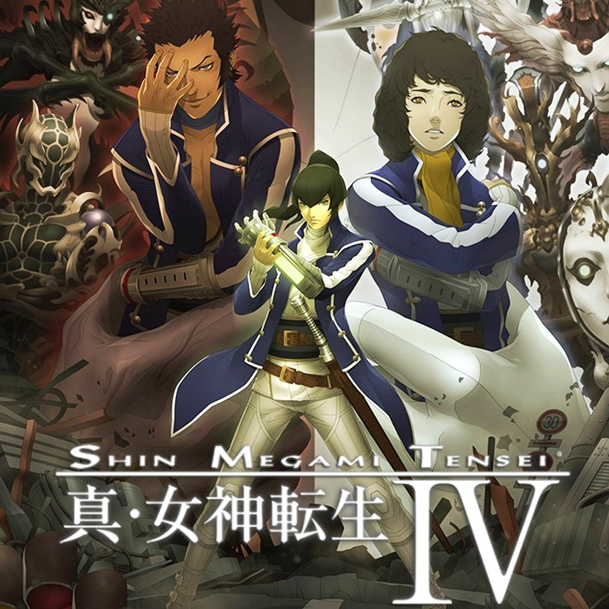 cover art for Shin Megami Tensei 4. The protagonist, a blue-coated samurai wielding a techno-gauntlet, stands in the centre. On his left, a samurai with spiky hair and a devilish expression is portraited above his shoulder, flanked by demons, tinted in deep red. On his right, a samurai with a bouffant looks on with an expression of mercy, flanked by biblically accurate angels, glowing in white light but appearing eldritch in nature