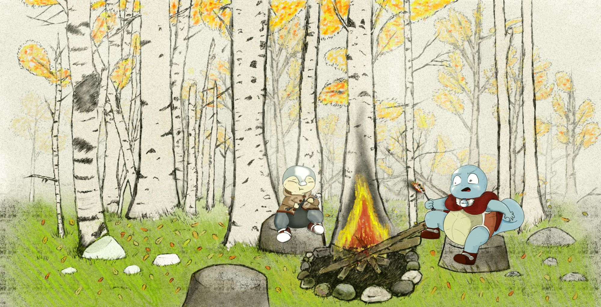 Two anthromorphic Pokemon kids sitting on carved stones by a bonfire roasting marshmellows. The pokemon on the left is a Cyndaquil wearing a tan jacket with red ridges, stitched up blue pants, and red and white shoes, holding a stick with a single lightly roasted marshmellow. The pokemon to the right is a squirtle wearing a red caped hood with a butterfly shaped badge on the collar and boots with a metal strap across the vamp. The squirtle is frantic over their marshmellows having caught fire.
Behind them if a large birch tree forest enveloped with fog, with the leaves on the trees being bright autumn collars like reds, oranges, and yellows.