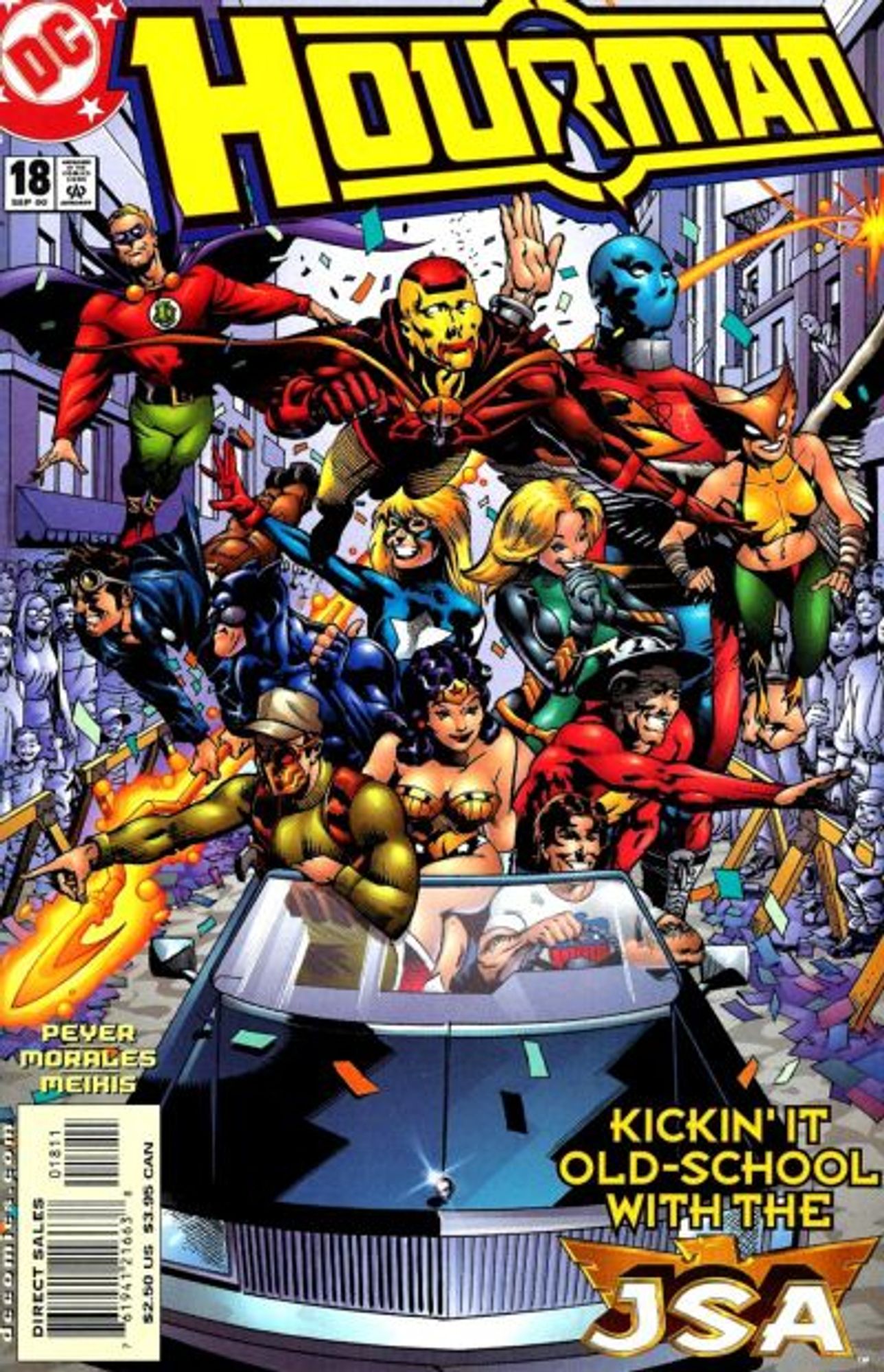 cover to Hourman 18: Hourman and the JSA participate in a parade, riding on or flying above a vehicle driven by Snapper Carr.

Text: "Kickin' it old-school with the JSA"

Written by Tom Peyer
Illustrated by Rags Morales and David Meikis

Cover by Rags Morales