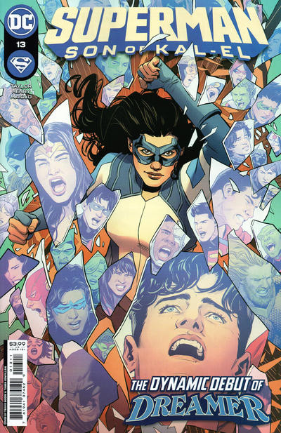 cover to Superman: Son of Kal-El 13: Dreamer smashes through a glass barrier, each shard of glass containing a different superhero.

Text: "The dynamic debut of Dreamer"

Written by Nicole Maines and Tom Taylor
Illustrated by Clayton Henry

Cover by Travis Moore