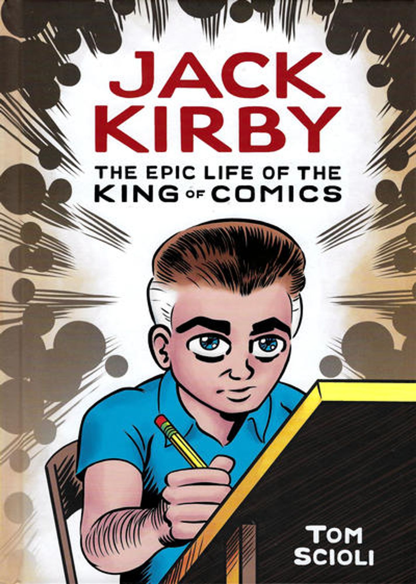 cover to Jack Kirby: The Epic Life of the King of Comics: Jack Kirby sits at his drawing table, pencil in hand, as Kirby dots explode behind him.

Cover by Tom Scioli