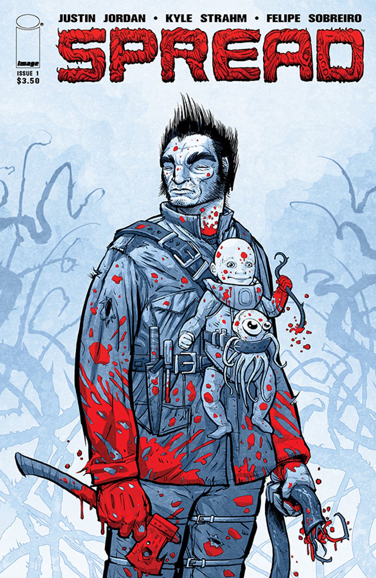 Cover to Spread 1: No stands with a baby on bjorn on his chest and a bloody axe in his hand.  

Written by Justin Jordan
Illustrated by Kyle Strahm

Cover by Kyle Strahm