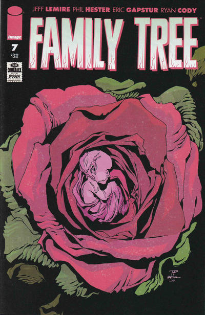 cover to Family Tree 7: a red rose with a human fetus in the middle of it.

Cover by Phil Hester and Eric Gapstur