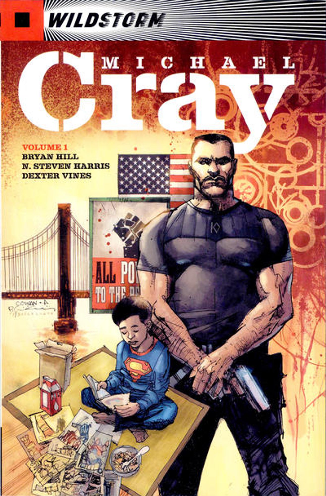 cover to Wildstorm: Michael Cray v.1: Adult Michael Cray stands with his hands crossed at his waist holding a gun behind an image of Cray as a child, reading comics while wearing a Superman shirt.

Cover by Denys Cowan and Bill Sienkiewicz