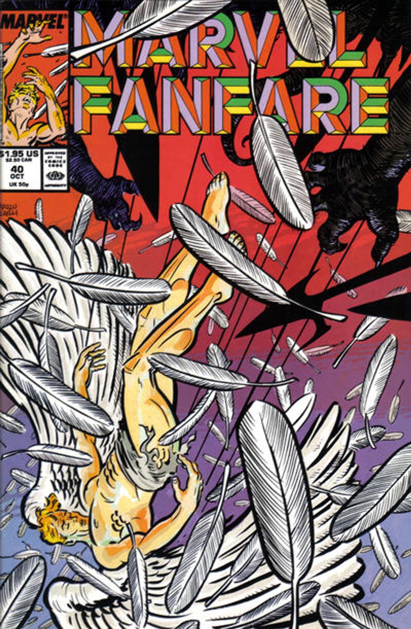 cover to Marvel Fanfare 40: Angel falls from the sky, feathers everywhere.

Written by Anne Nocenti and Chris Claremont
Illustrated by David Mazzucchelli and Craig Hamilton

Cover by David Mazzucchelli