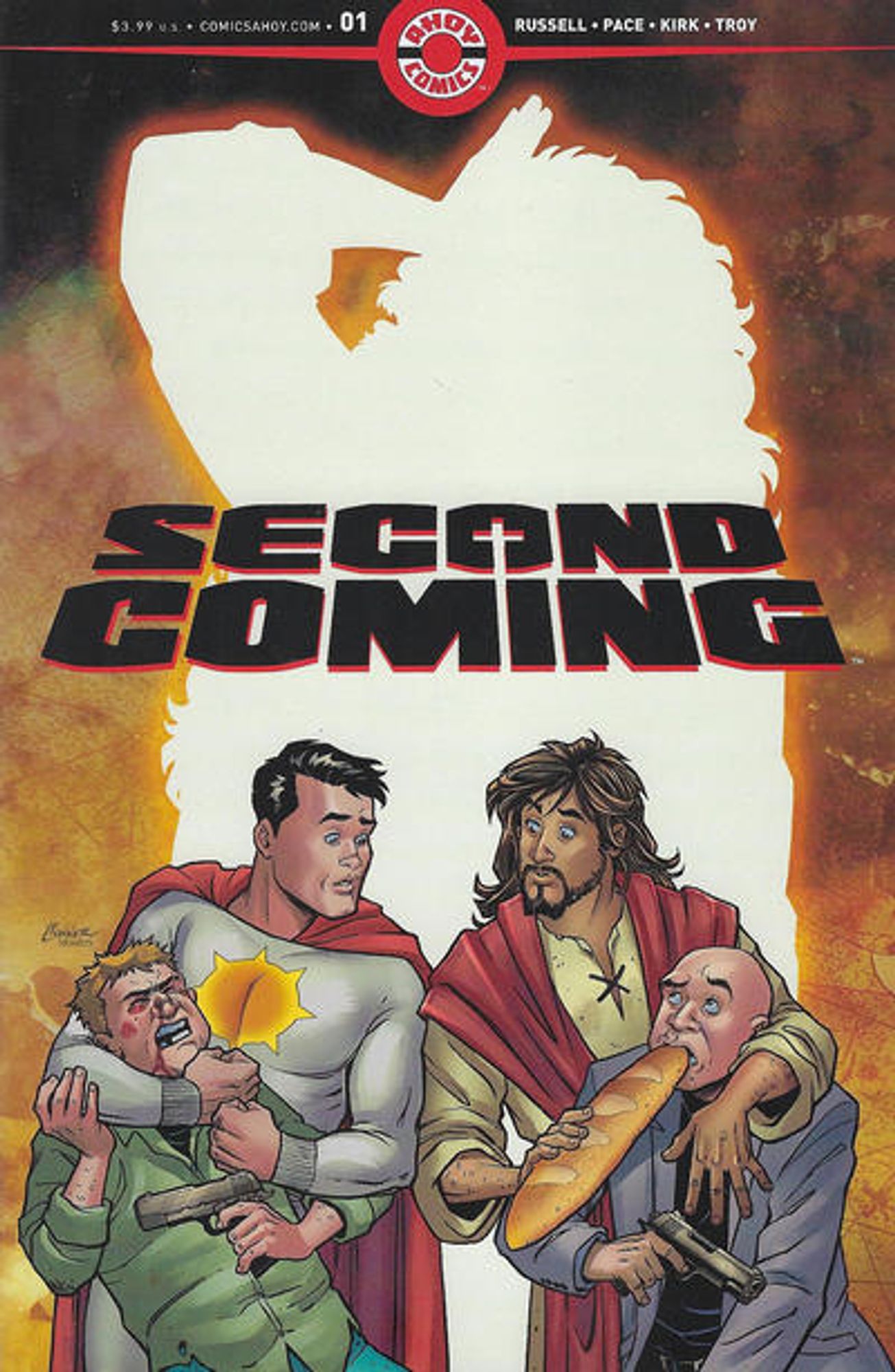 cover to Second Coming 1: Sunstar and Jesus look at one another as both hold bad guys holding guns.  Sunstar is punching his bad guy while Jesus is feeding his.  Behind them the silhouette of God places his palm to his forehead.

Written by Mark Russell
Illustrated by Richard Pace and Leonard Kirk

Cover by Amanda Conner