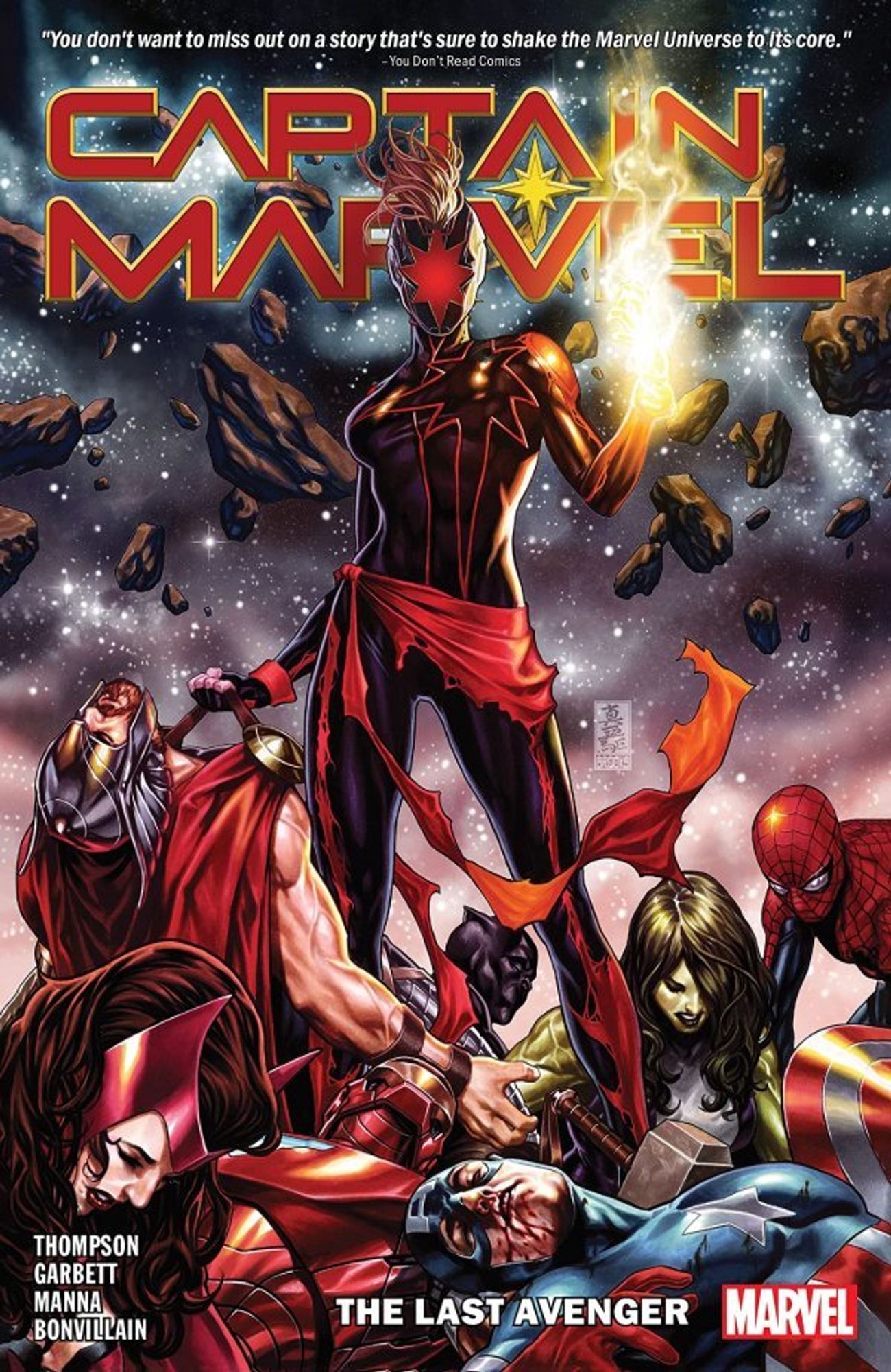 cover to Captain Marvel: The Last Avenger: Captain Marvel (wearing a mask that completely obscures her face) stands over the fallen bodies of the Avengers.

Cover by Mark Brooks