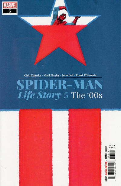 cover to Spider-Man: Life Story 5: a close up of the american flag with Spidey trapped in the star, drowning as it fills up with red.

Text: "The '00s"

Cover by Chip Zdarsky