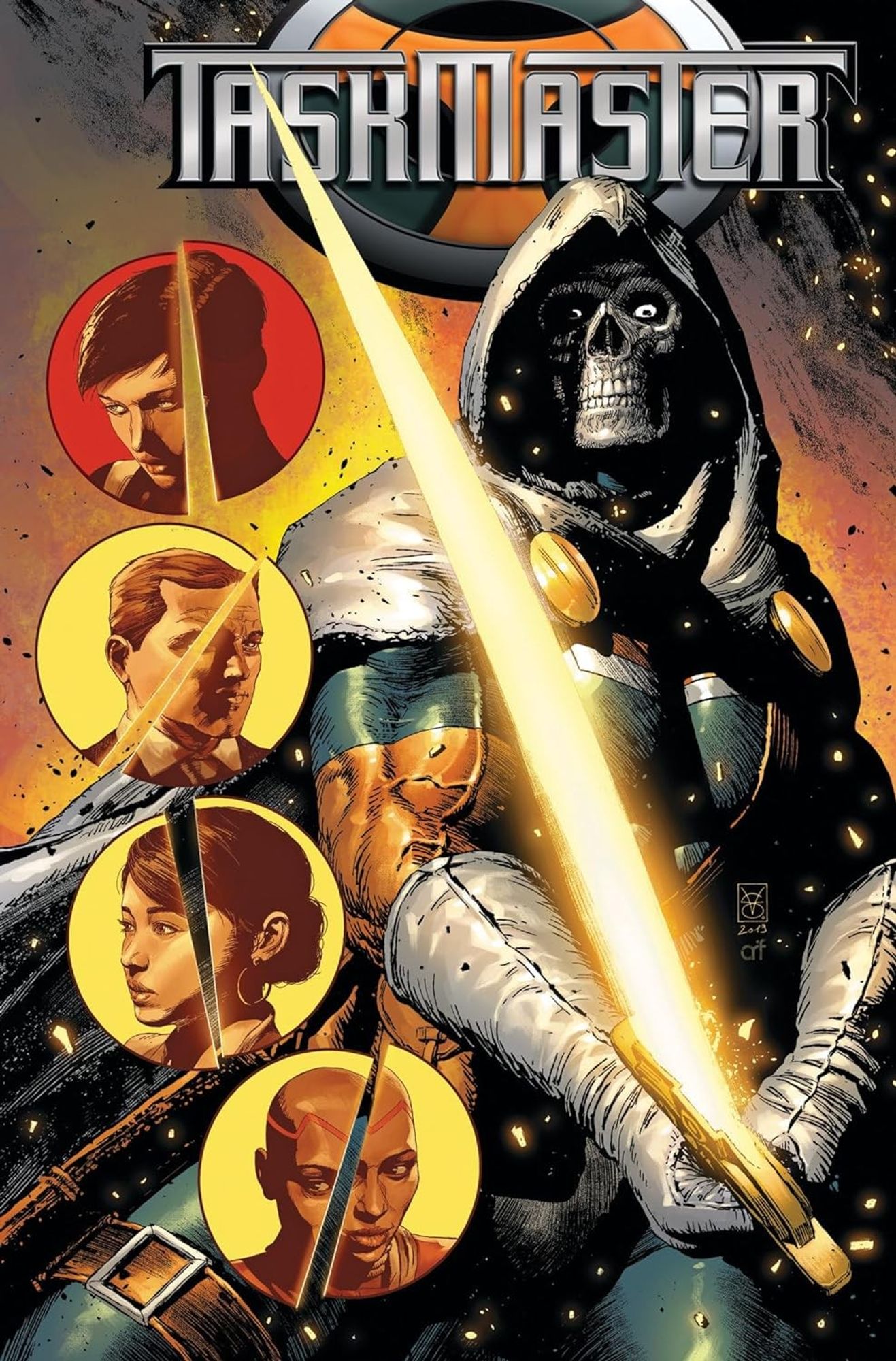 cover to Taskmaster: The Rubicon Trigger: Taskmaster stands holding a glowing sword.  Four inset circles of character sliced in half.

Cover by Valerio Giangiordano