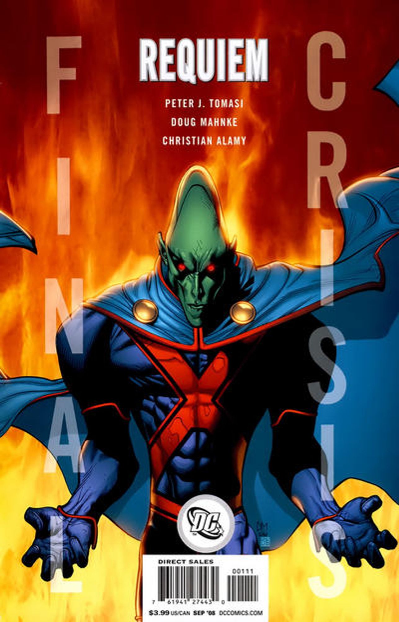 cover to Final Crisis: Requiem: Martian Manhunter stands and stares at the reader.  

Written by Peter Tomasi
Illustrated by Doug Mahnke and Christian Alamy

Cover by Doug Mahnke and Christian Alamy