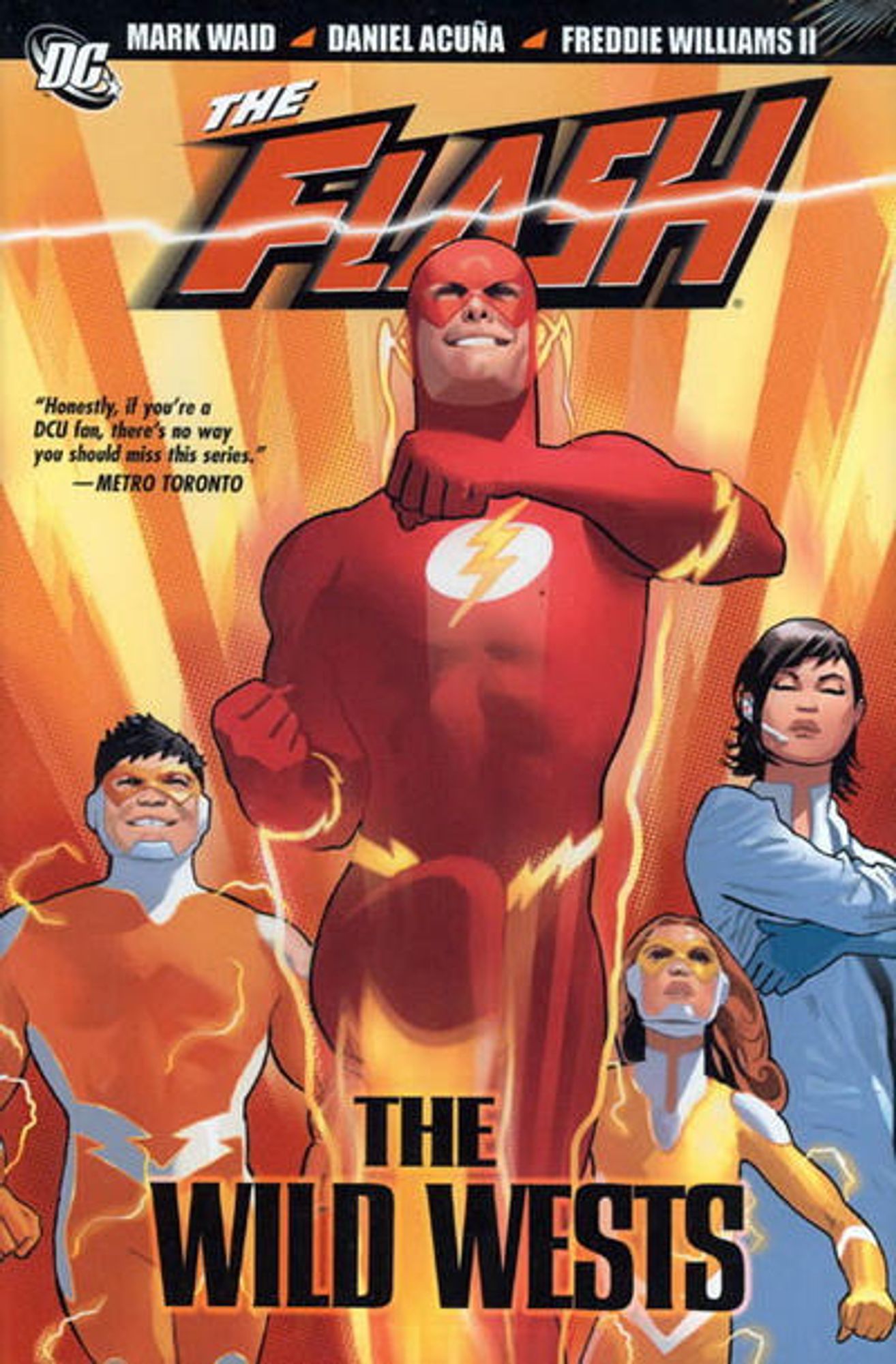 cover to The Flash: The Wild Wests: Flash (Wally West) races forward, a grin on his face.  His children (Jai and Iris) run behind him.  Linda looks on with her arms crossed in front of her chest.

Cover by Daniel Acuna