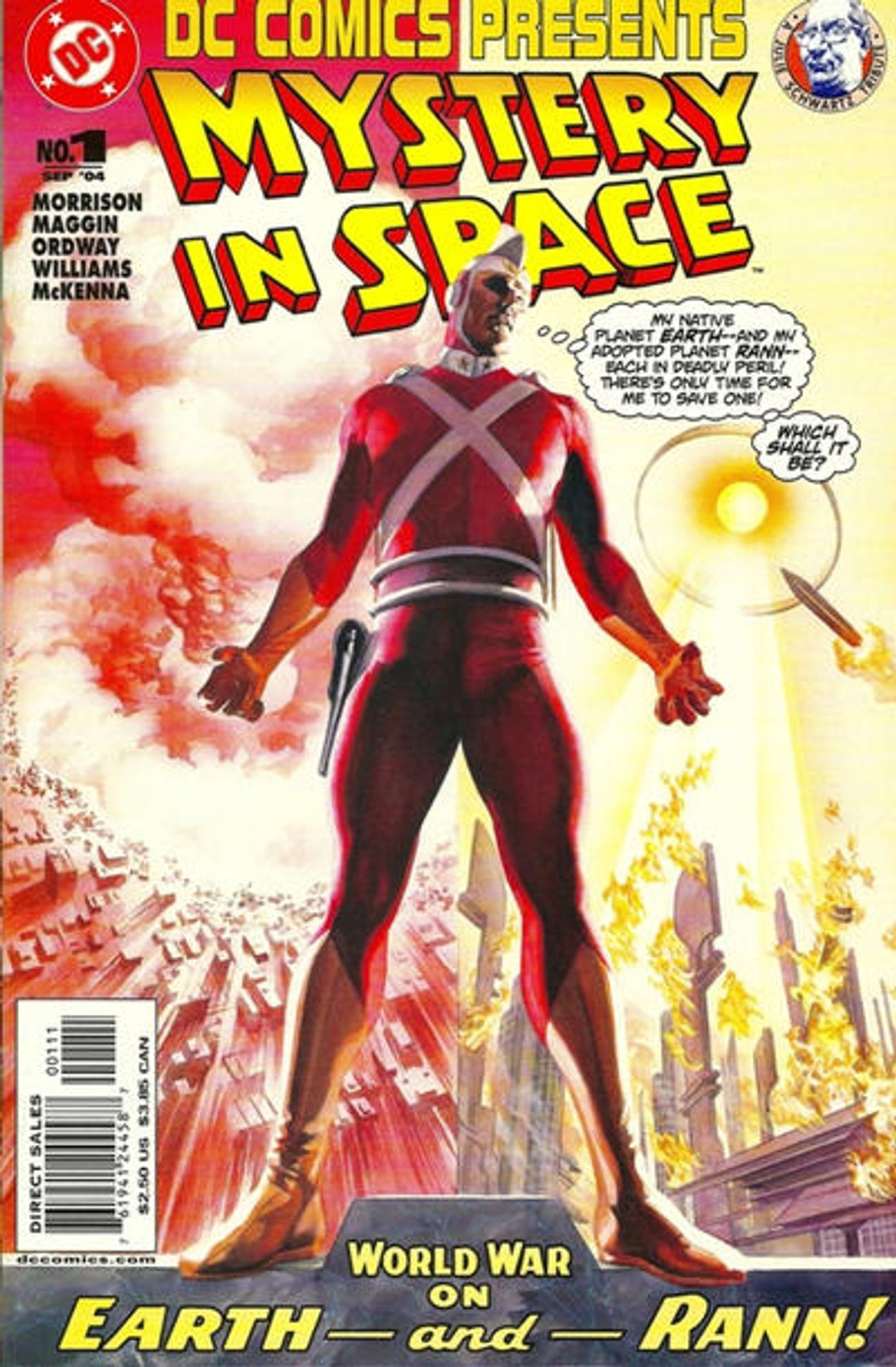 cover to DC Comics Presents Mystery in Space 1: Adam Strange stands thinking "My native planet Earth -- and my adopted planet Rann -- each in deadly peril! There's only time for me to save one! Which shall it be?" while behind him an Earth city is under a mushroom cloud and a Rann city is attacks by flying saucers.

Text: "World War on  Earth and Rann!"

Cover by Alex Ross