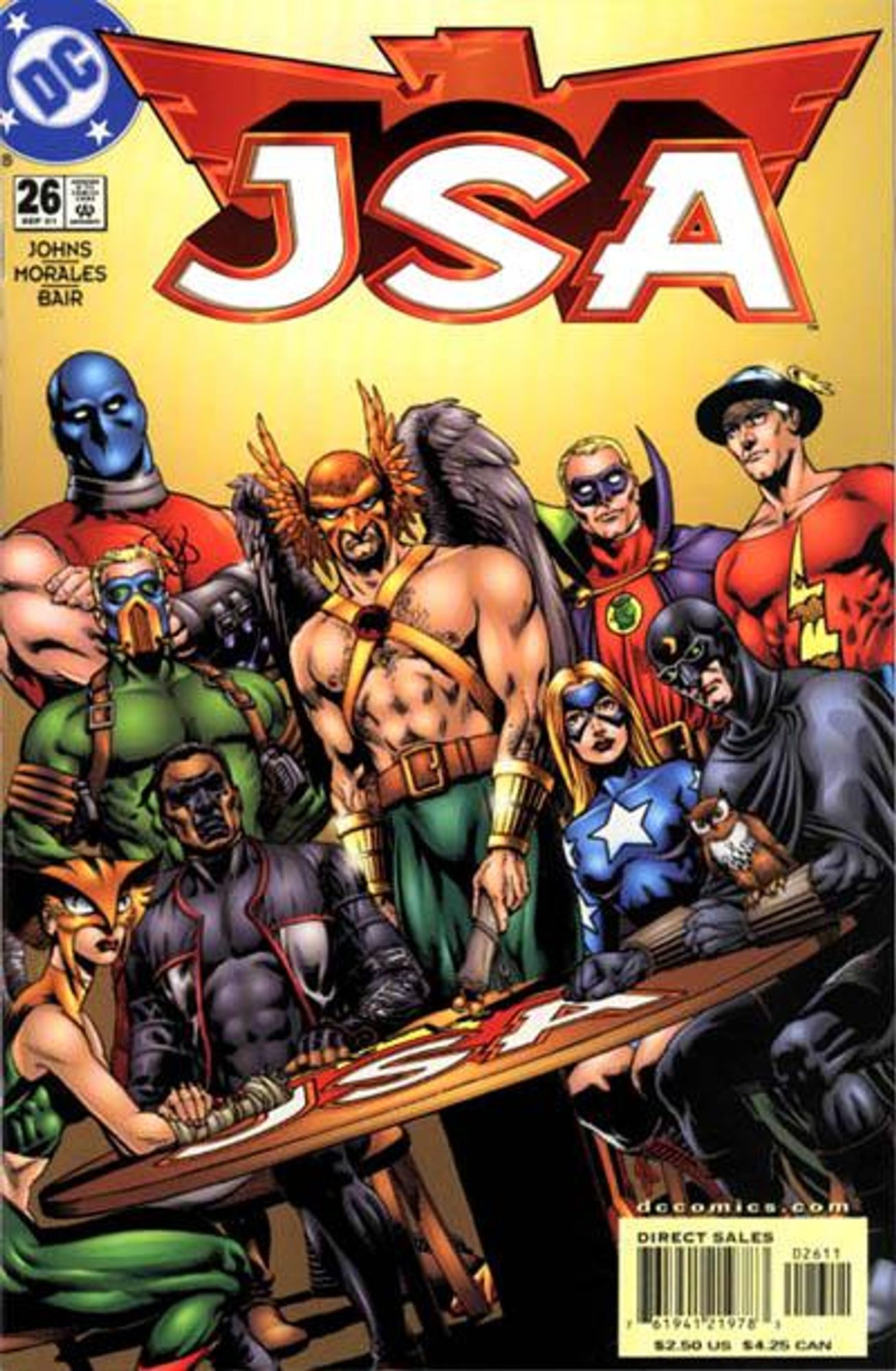 cover to JSA 26: The entire JSA sit at a table and pose for their yearbook photo.

Cover by Rags Morales