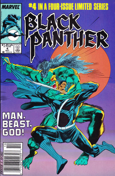 cover to Black Panther 4: The Panther (Sekhem Naville) holds him around the neck and tears at Black Panther's costume.

Text: "Man, beast, God!"

Cover by Denys Cowan