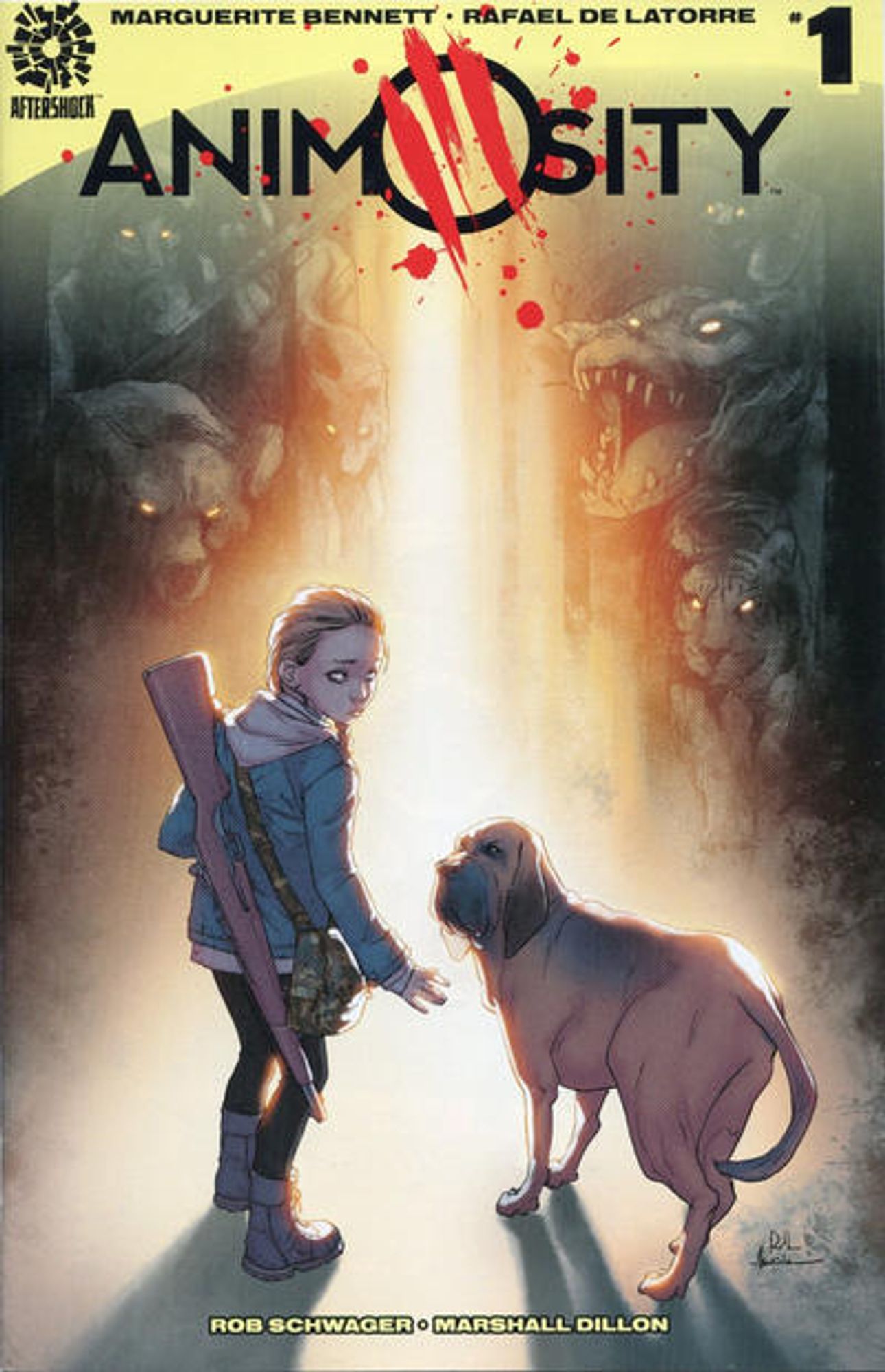 cover to Animosity 1: Jesse (a young girl wearing a rifle on her back) and Sandor (a dog) look back at the reader as they walk toward a large group of predatory animals.

Cover by Rafael de Latorre