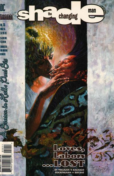 cover to Shade the Changing Man 50: Shade and Kathy kiss.

Text: "A Season in Hell part six: Loves, Labors ...Lost"

Peter Milligan Chris Bachalo

Cover by Duncan Fegredo