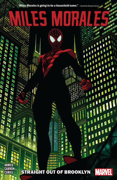 cover to Miles Morales: Straight Out of Brooklyn: Upshot of Miles (in full Spider-Man costume) standing on a edge of a tall building at night, looking down at the reader.

Cover by Brian Stelfreeze