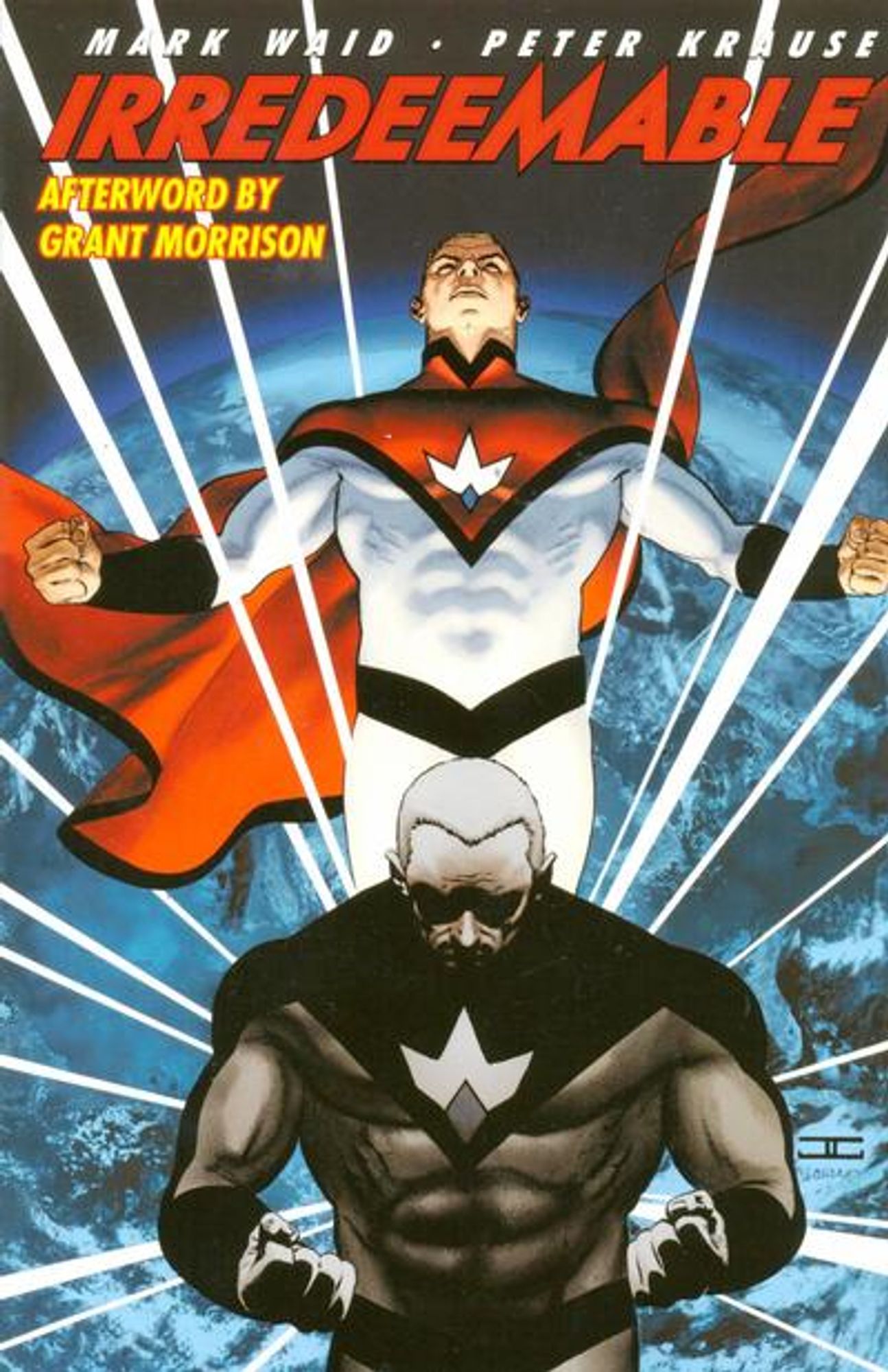 cover to Irredeemable vol. 1: The Plutonian is shown in full color glory and in black and white angst.

Text: "Afterword by Grant Morrison"

Cover by John Cassiday