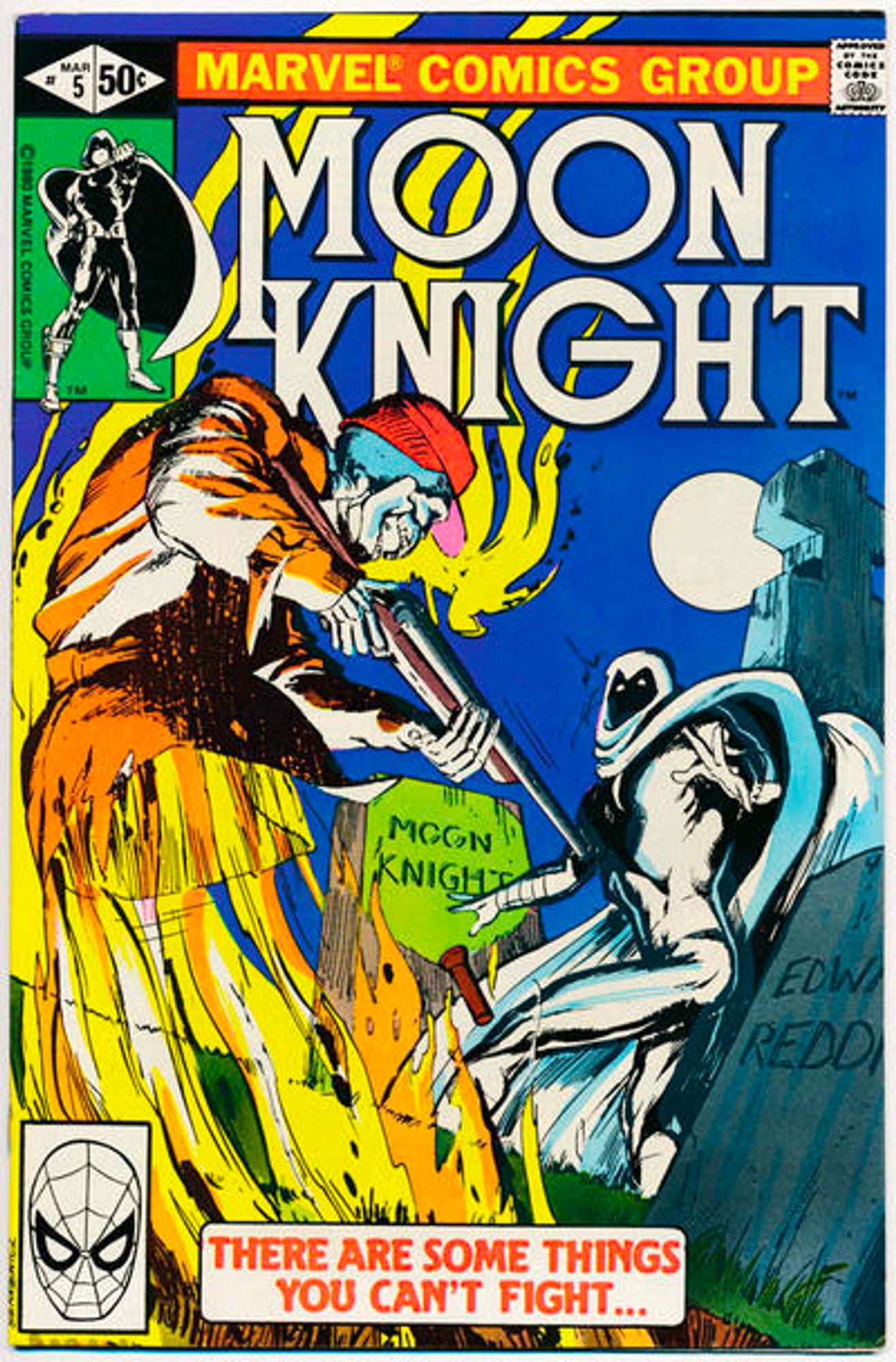 cover to Moon Knight 5: Moon Knight stands in a graveyard near a tombstone that reads "Moon Knight."  A ghost wearing a red hunting cap and holding a shotgun rises from a nearby grave.

Text: "There are some thing you can't fight..."

Cover by Bill Sienkiewicz