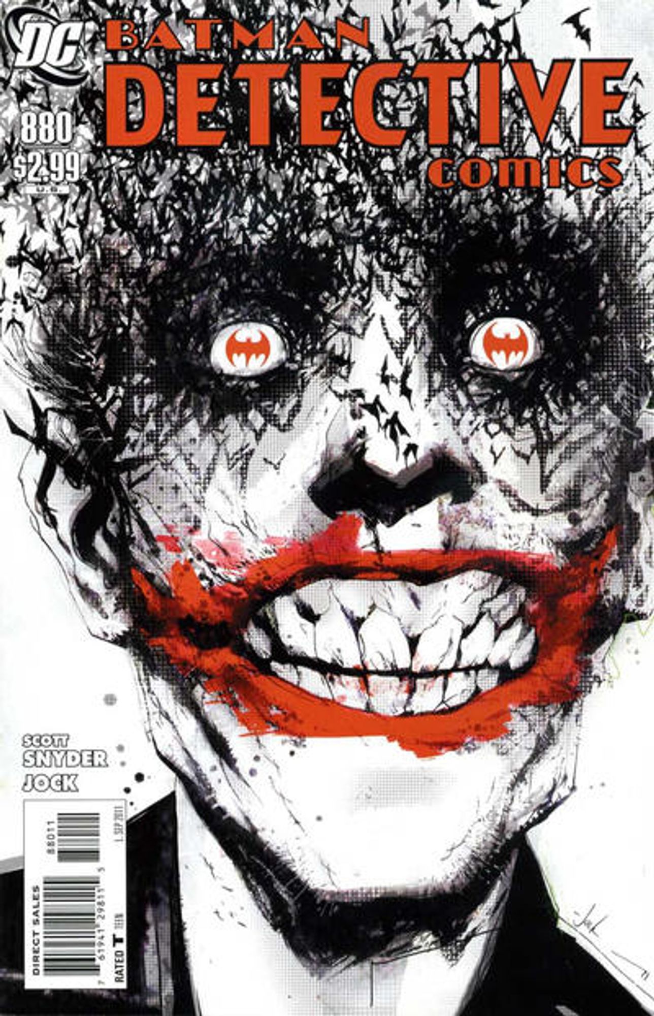 cover to Detective Comics 880: an image of the Joker made up almost entirely of bats.  Joker's eyes are replaced with Bat Signals.

Cover by Jock