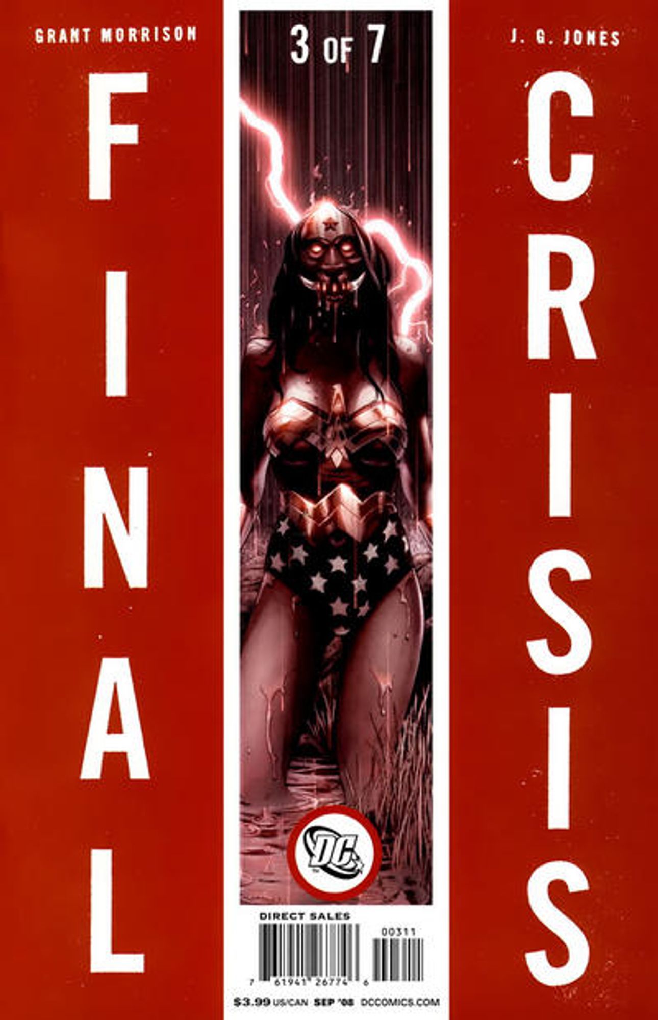 cover to Final Crisis 3: Wonder Woman stands, her face transformed into a horrible tusked creature.  Lighting flashes behind her

Cover by J. G. Jones